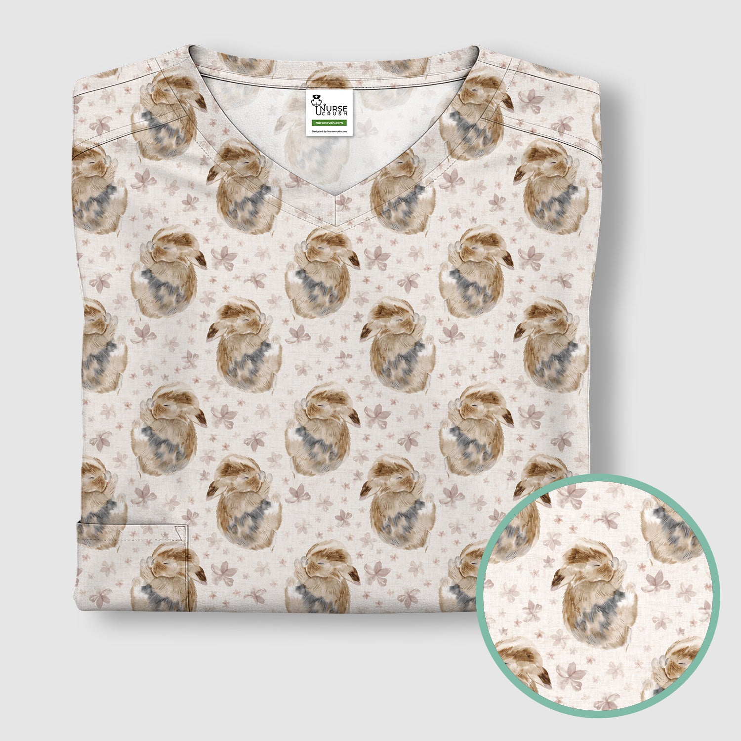 Cute Sleeping Bunny Floral Meadow Pattern Nurse Scrub Top, Comfortable Scrubs for Nurses