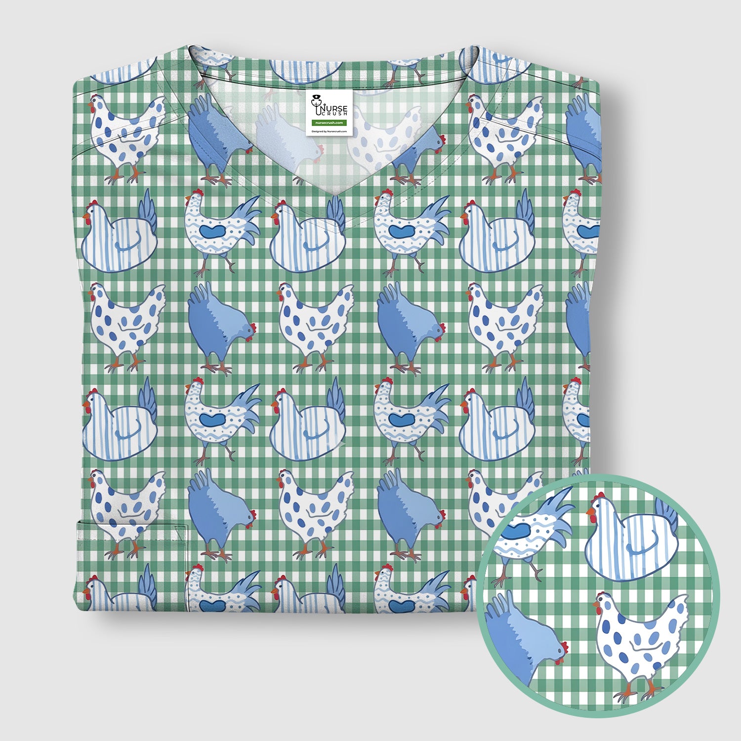 Blue Chicken Gingham Pattern Scrub Top, Comfortable Scrubs for Nurses
