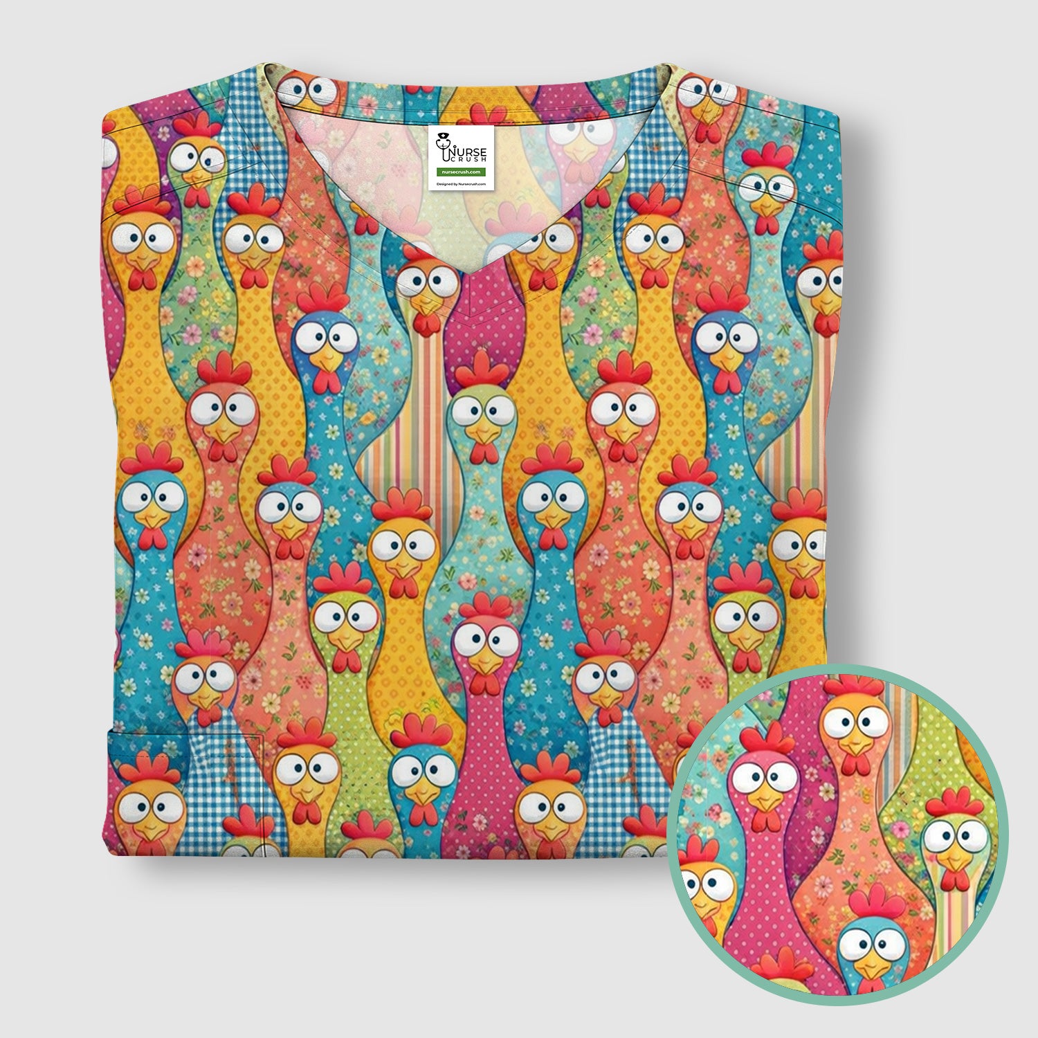 Funny Farm Chicken Cartoon Pattern Scrub Top, Comfortable Scrubs for Nurses
