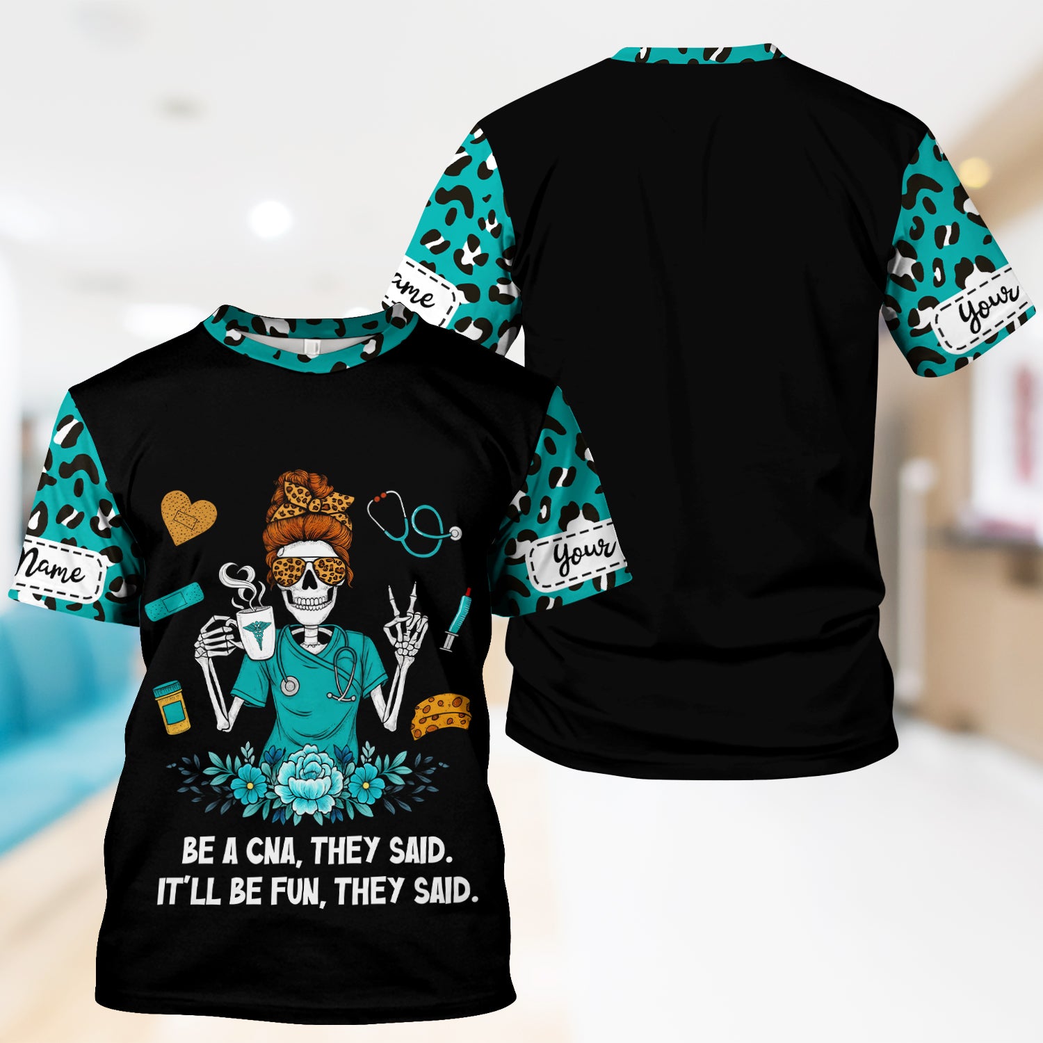 Personalized CNA Skeleton Shirt - Messy Bun Hair & Leopard Print Graphic Tee - Gift for Women CNA & Healthcare Workers