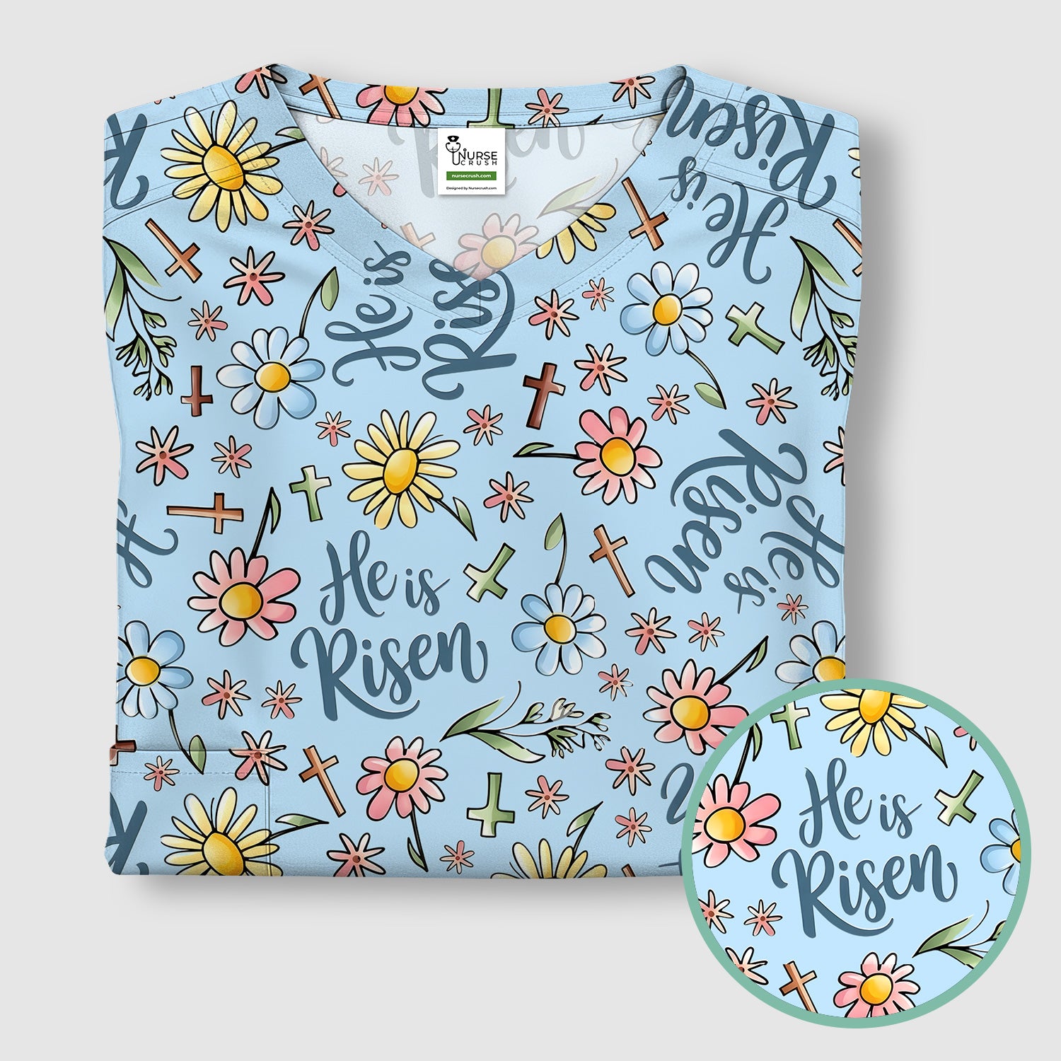He Is Risen Cross Flower Pattern Scrub Top, Comfortable Scrubs For Nurses