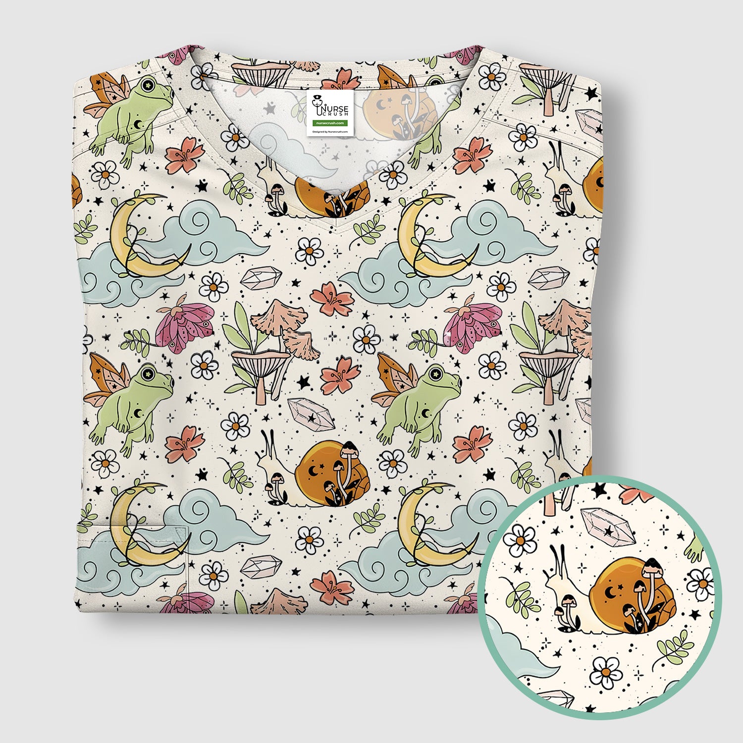 Whimsical Frog Moon Mushroom Pattern Scrub Top, Fantasy Nature Print, Breathable Fabrics Nursing Uniform