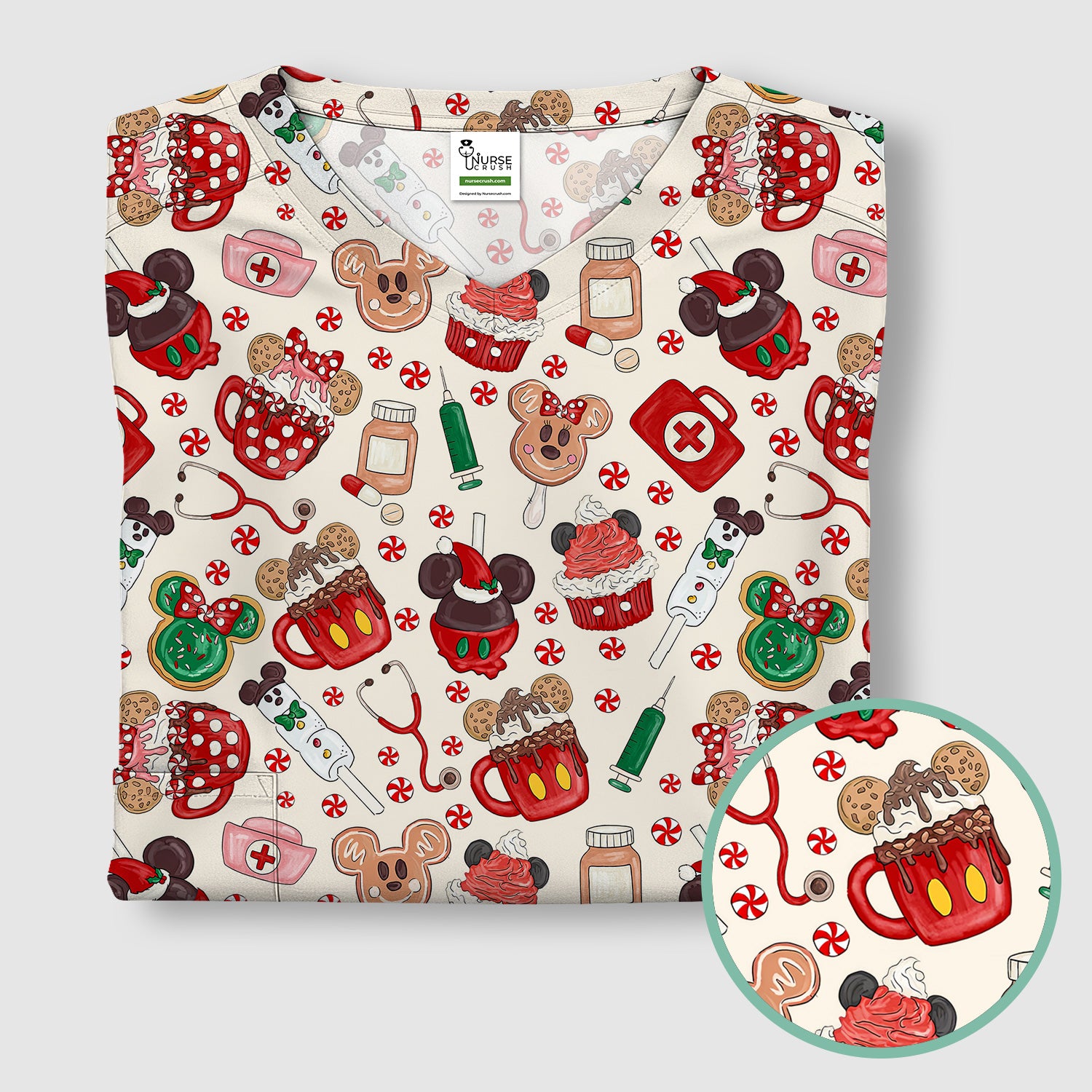 Christmas Scrub Top for Nurses - Cute Gingerbread Cupcake Candy Medical Shirt - Xmas Holiday Uniform for Women RN CNA LPN