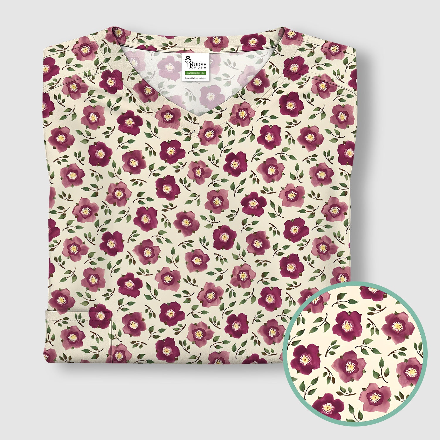 Purple Floral Blossom Leaf Pattern Scrub Top, Comfortable Scrubs for Nurses