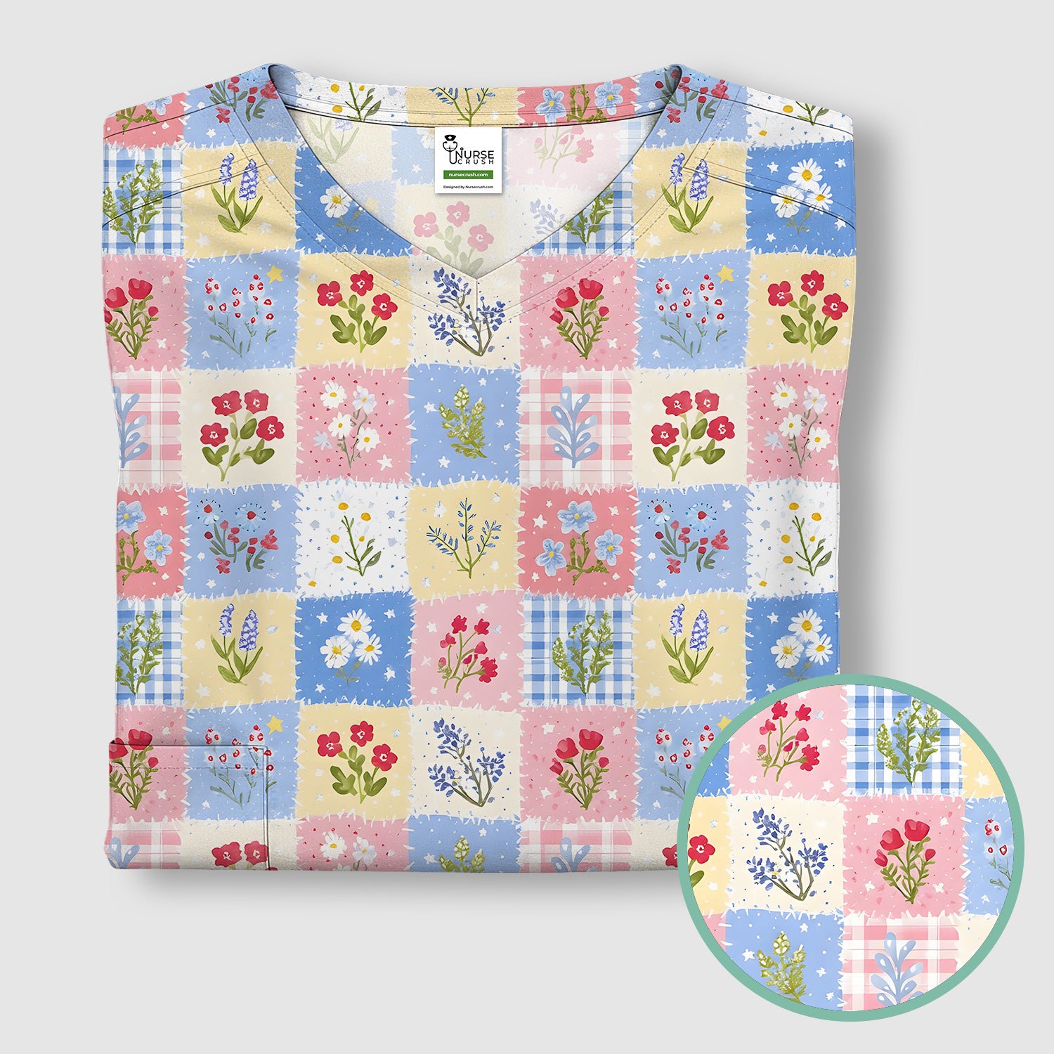 Pastel Patchwork Wildflower Garden Print Scrub Top, Comfortable Scrubs for Nurses