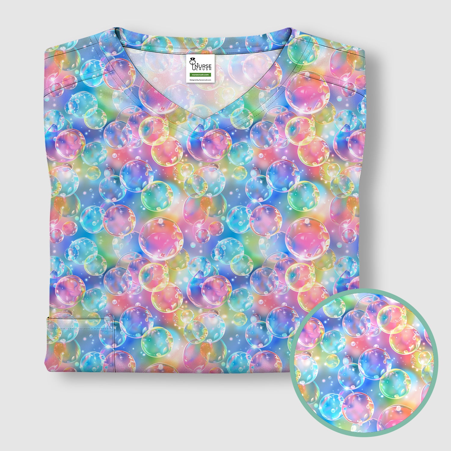 Colorful Floating Soap Bubble Pattern Scrub Top, Breathable Fabrics Nursing Uniform