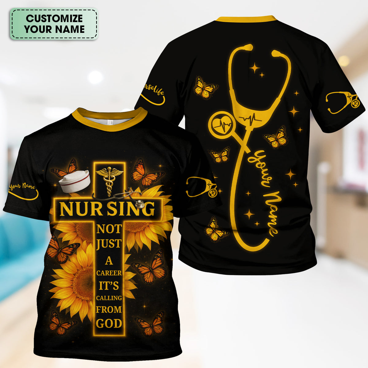 Personalized Nurse Faith Scrub Top - Religious RN CNA LPN Work Shirt - Custom Gift for Nurses Healthcare Workers with Sunflower Butterfly