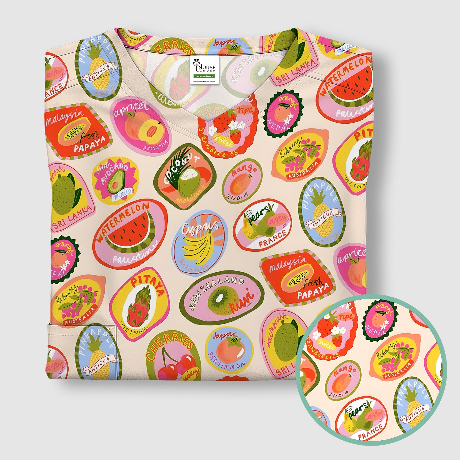 Summer Colorful Fruit Sticker Pattern Scrub Top, Comfortable Scrubs For Nurses