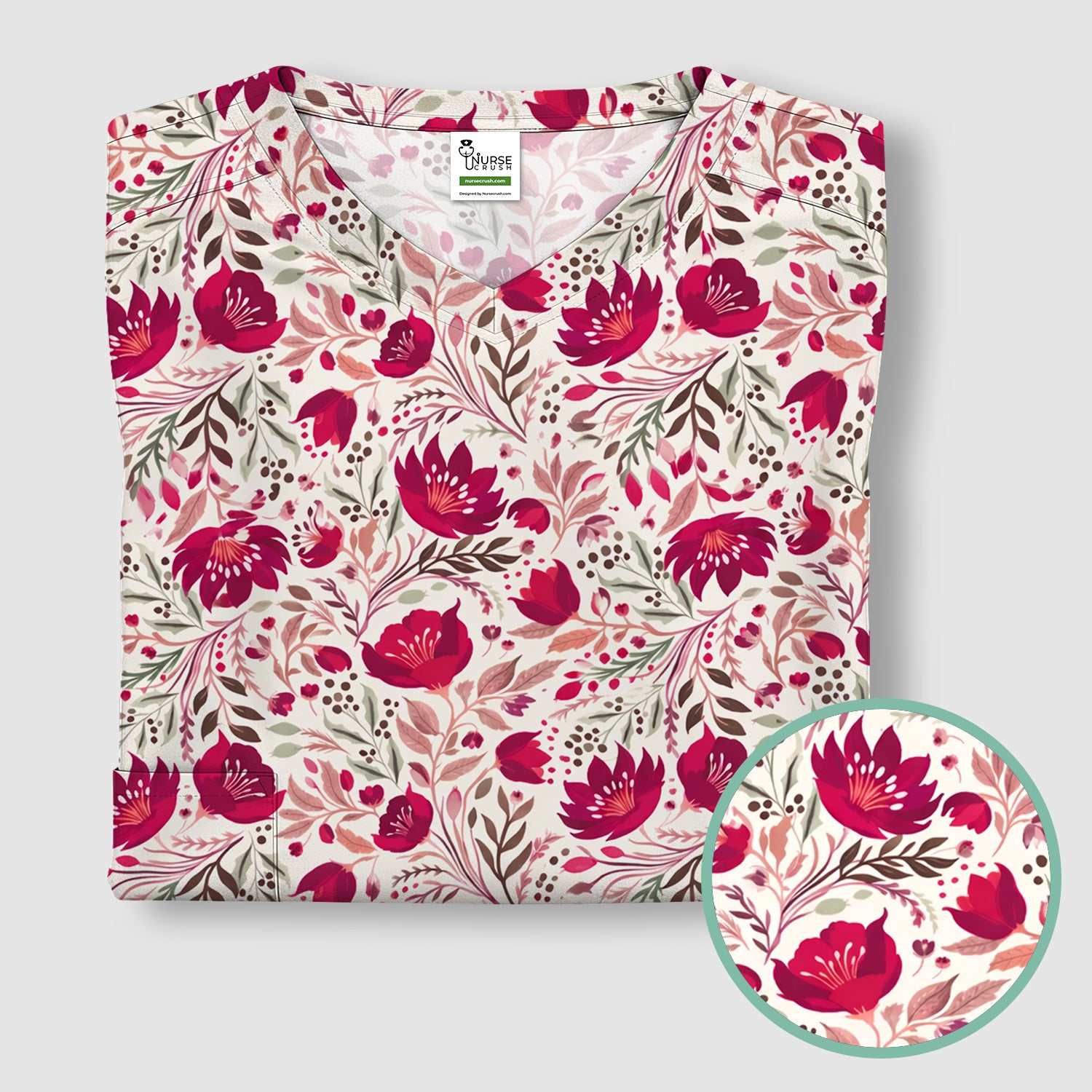 Elegant Floral Botanical Pattern Scrub Top, Breathable Fabrics Nursing Uniform