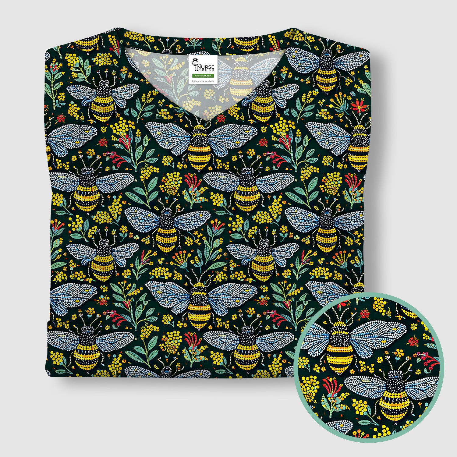 Honey Bee And Wildflower Garden Pattern Scrub Top, Comfortable Scrubs for Nurses