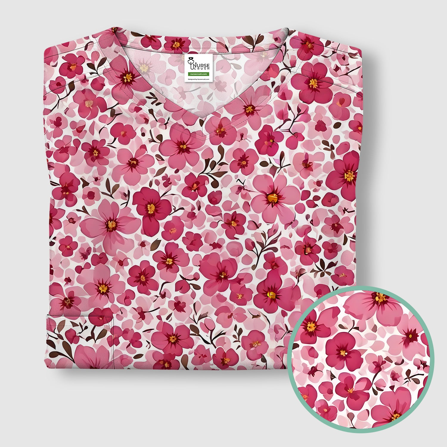 Pink Cherry Blossom Floral Pattern Scrub Top, Comfortable Scrubs for Nurses