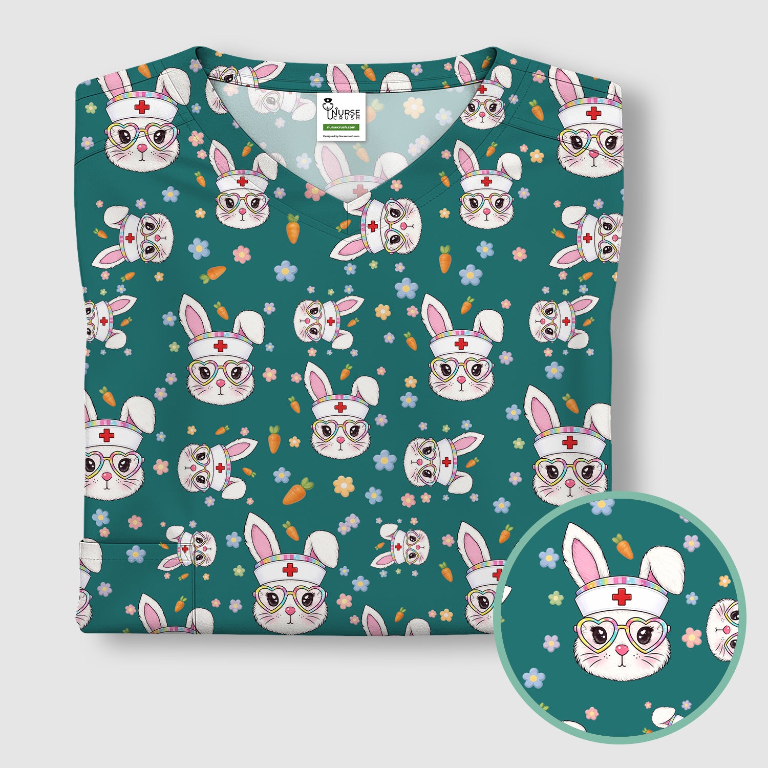 Cute Easter Bunny Nurse Pattern Scrub Top, Breathable Fabrics Nursing Uniform