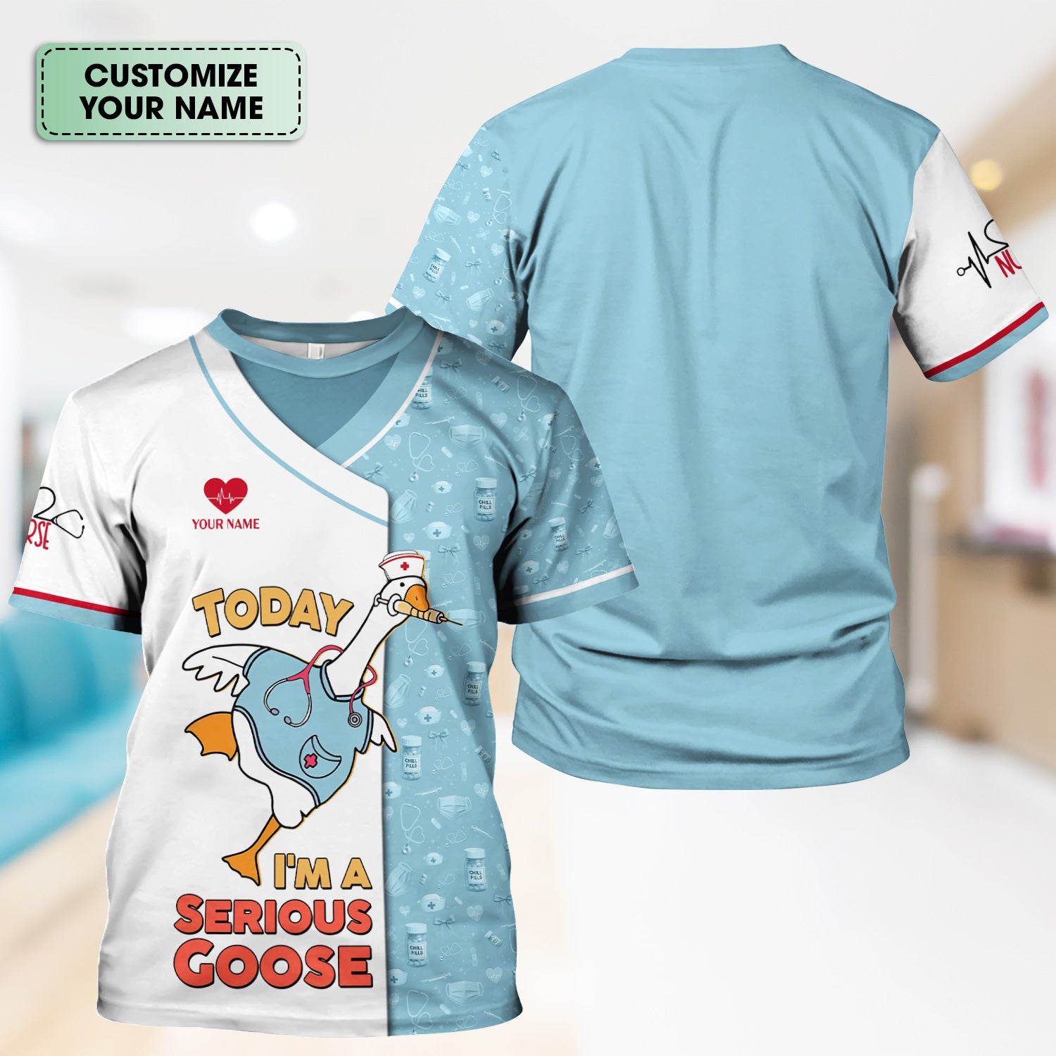 Personalized Goose Nurse T-Shirt for Women - Silly Medical Icons Design - Custom Name Gift for Healthcare Workers & Medical Staff