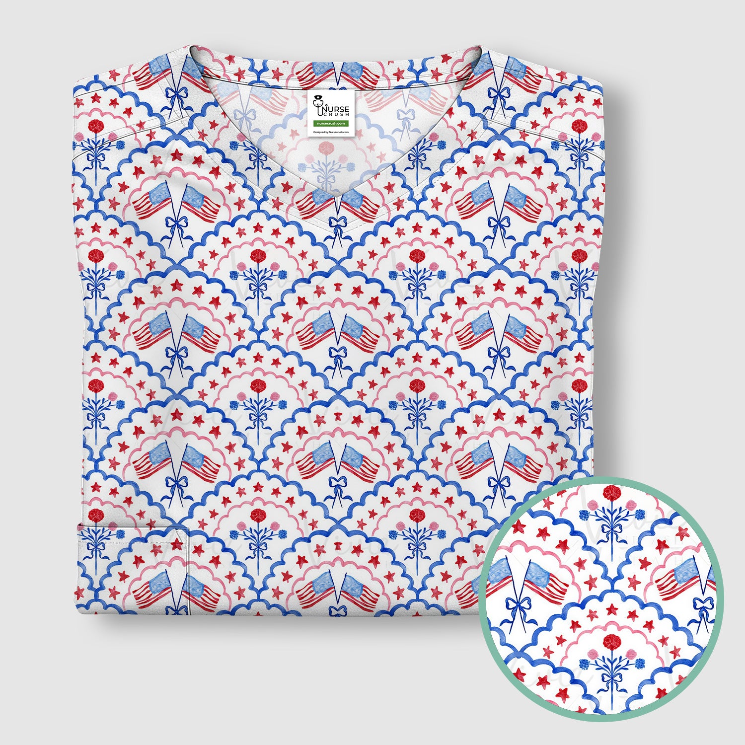 Patriotic Scallop Star Flag Floral Pattern Scrub Top, Comfortable Scrubs for Nurses