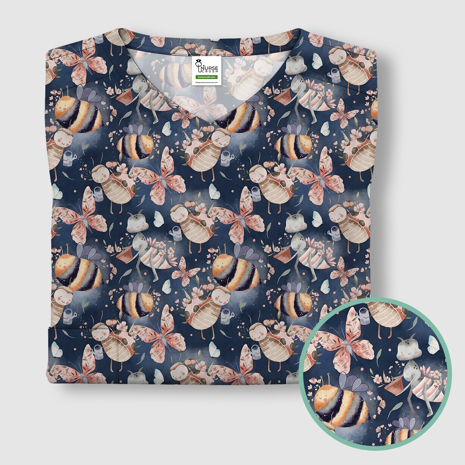 Cute Whimsical Bee Fairy Garden Pattern Scrub Top, Comfortable Scrubs for Nurses