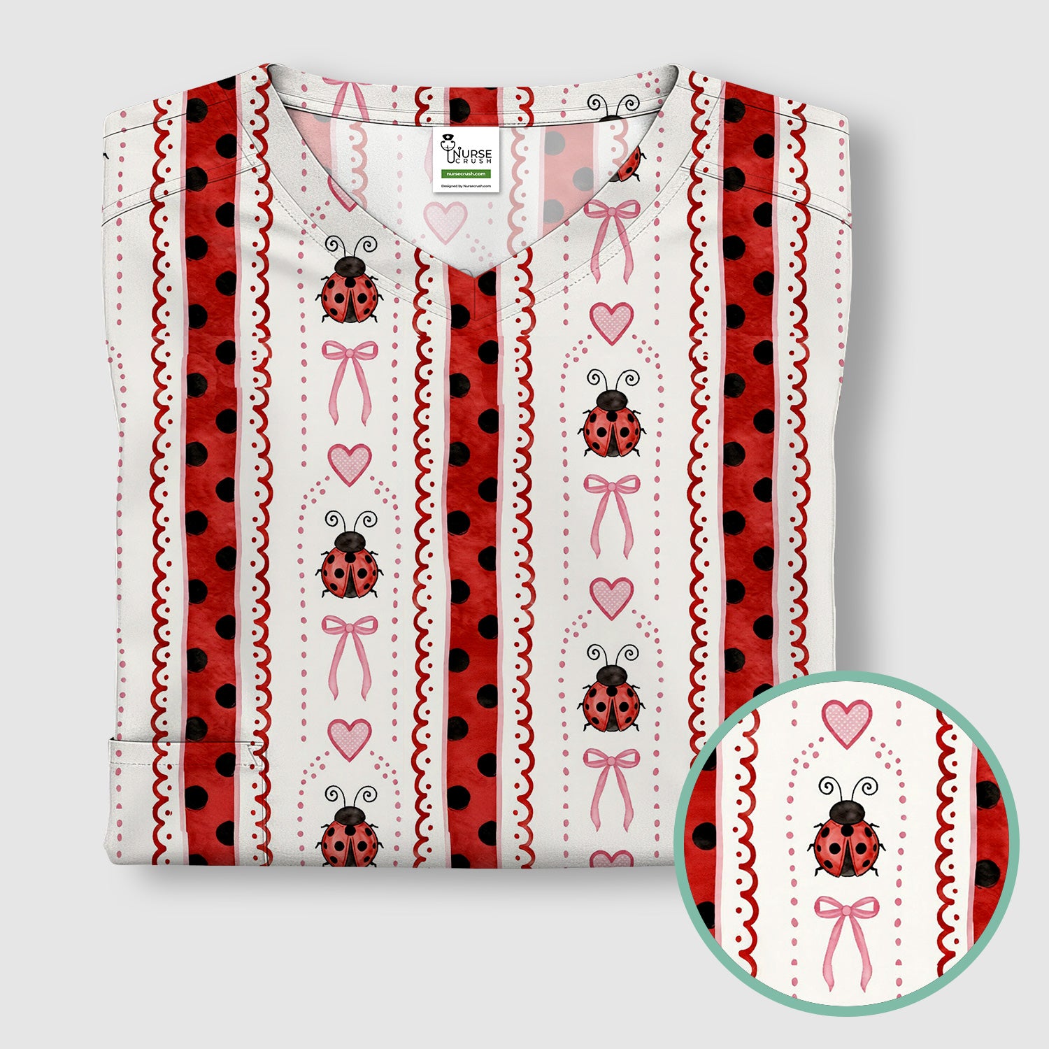 Cute Ladybug Heart Bow Stripe Pattern Scrub Top, Red Polka Dot Nurse Uniform