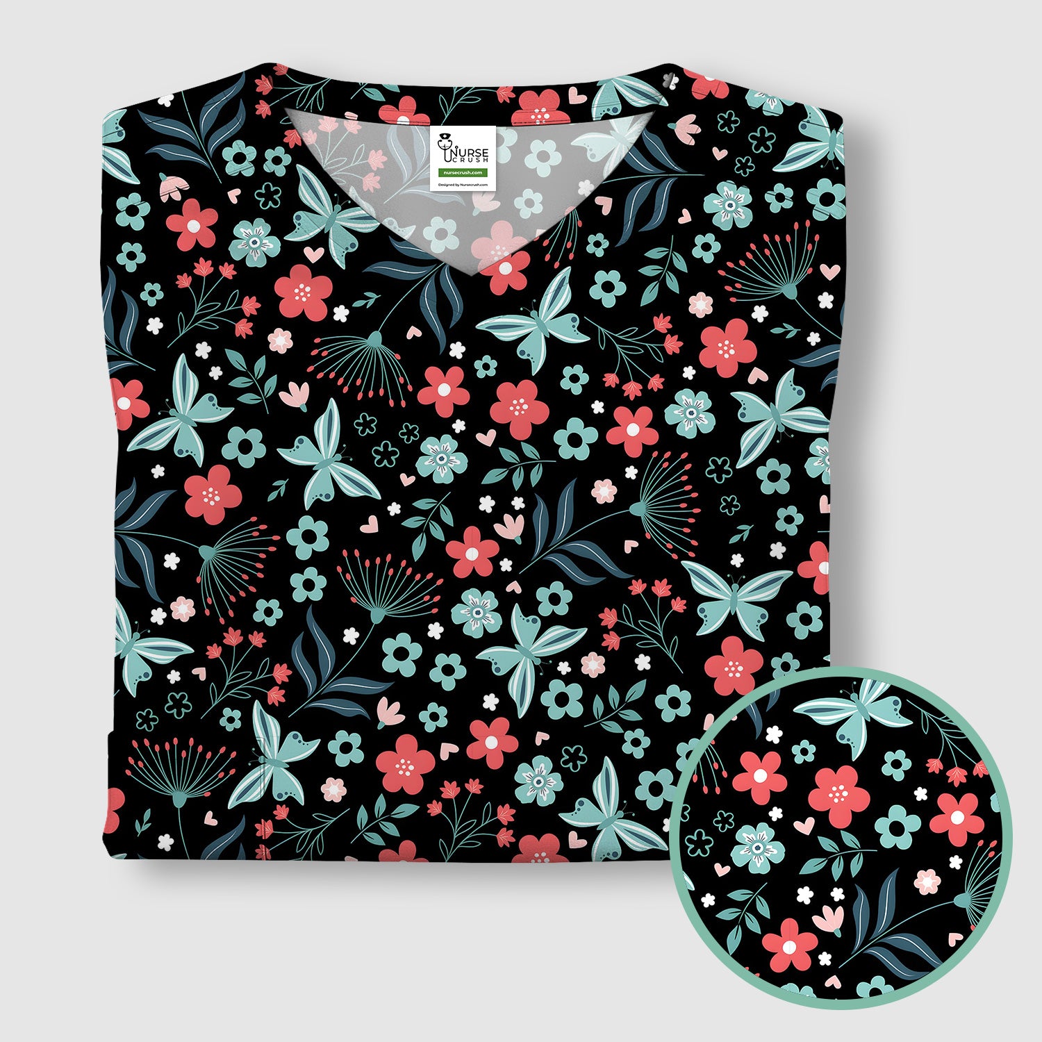 Cute Floral Butterfly Garden Print Scrub Top, Comfortable Scrubs for Nurses