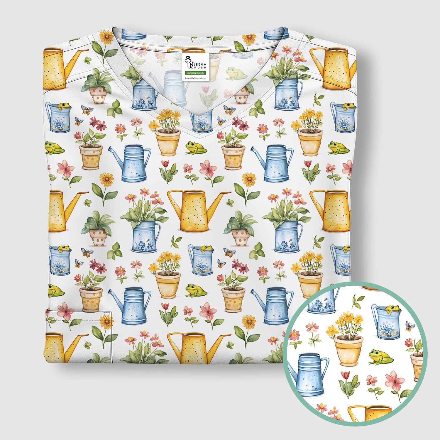 Watering Can and Flower Pot Garden Scrub Top, Comfortable Scrubs for Nurses