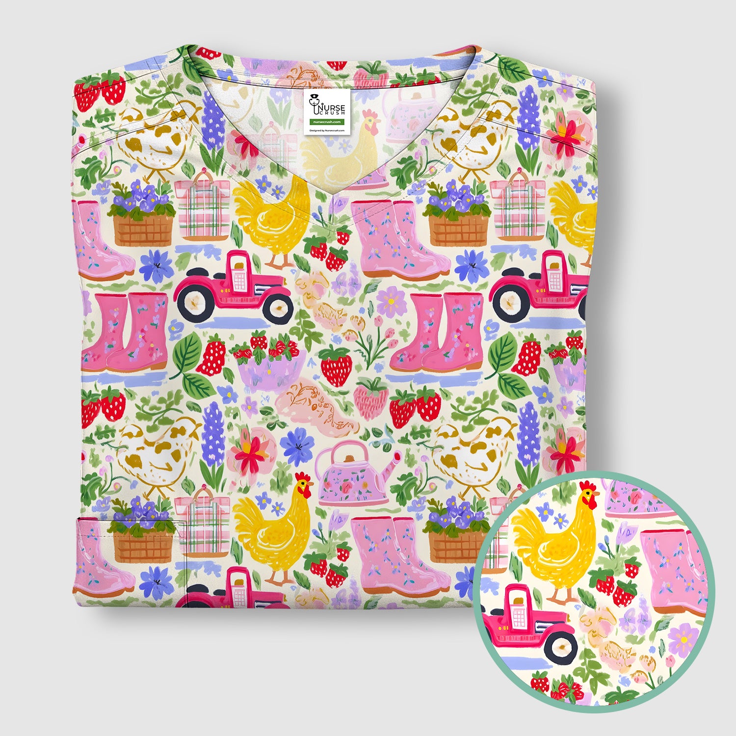 Cute Farm Garden Chicken Pattern Scrub Top, Colorful Spring Countryside Nursing Uniform for Women