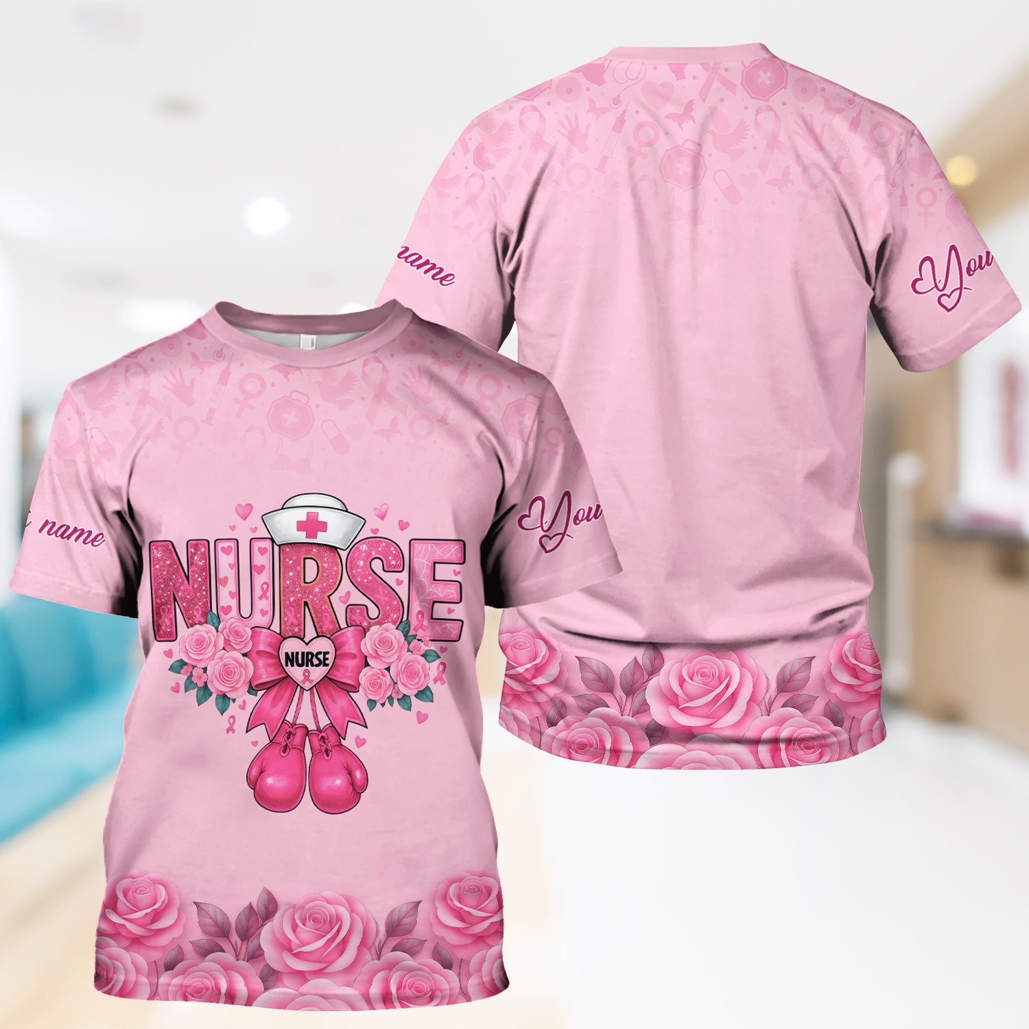 Personalized Breast Cancer Fighter Shirt - Pink Boxing Gloves & Rose Floral Design - Gift for RN LPN CNA