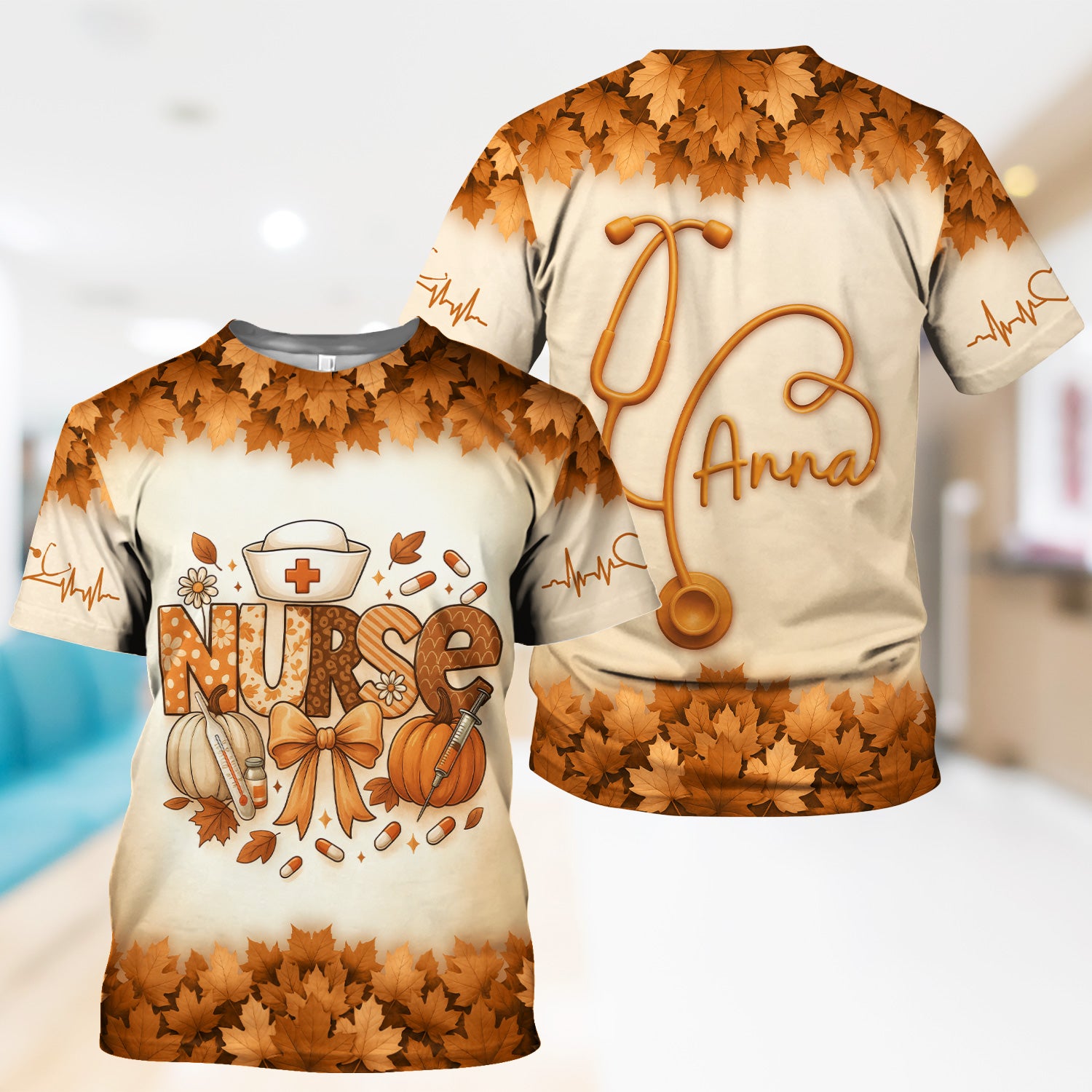 Custom Fall Nurse Shirt for Women - Stethoscope Name & Pumpkin Leaves Design - Cute Seasonal Gift for RN CNA LPN