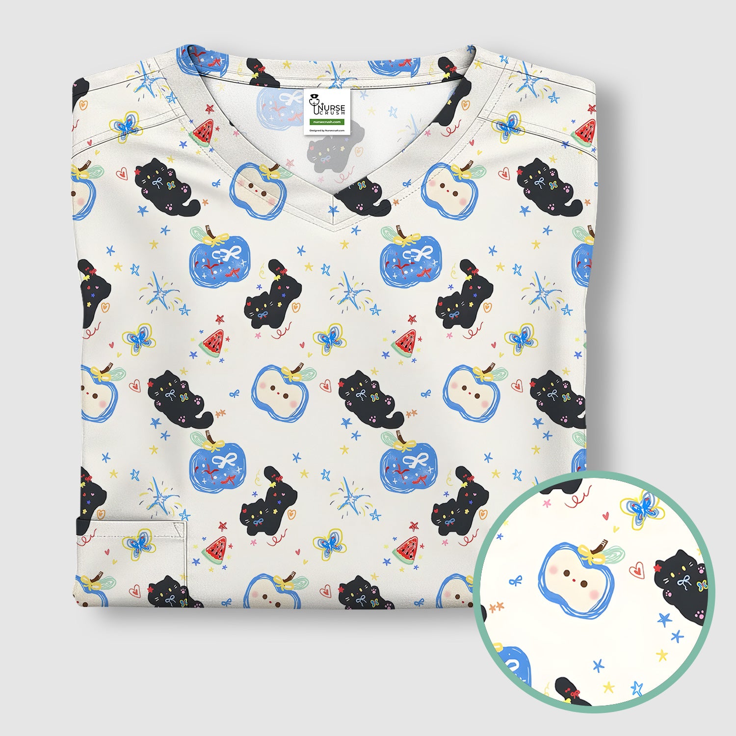 Cute Black Cat and Apple Print V Neck Scrub Top for Nurses