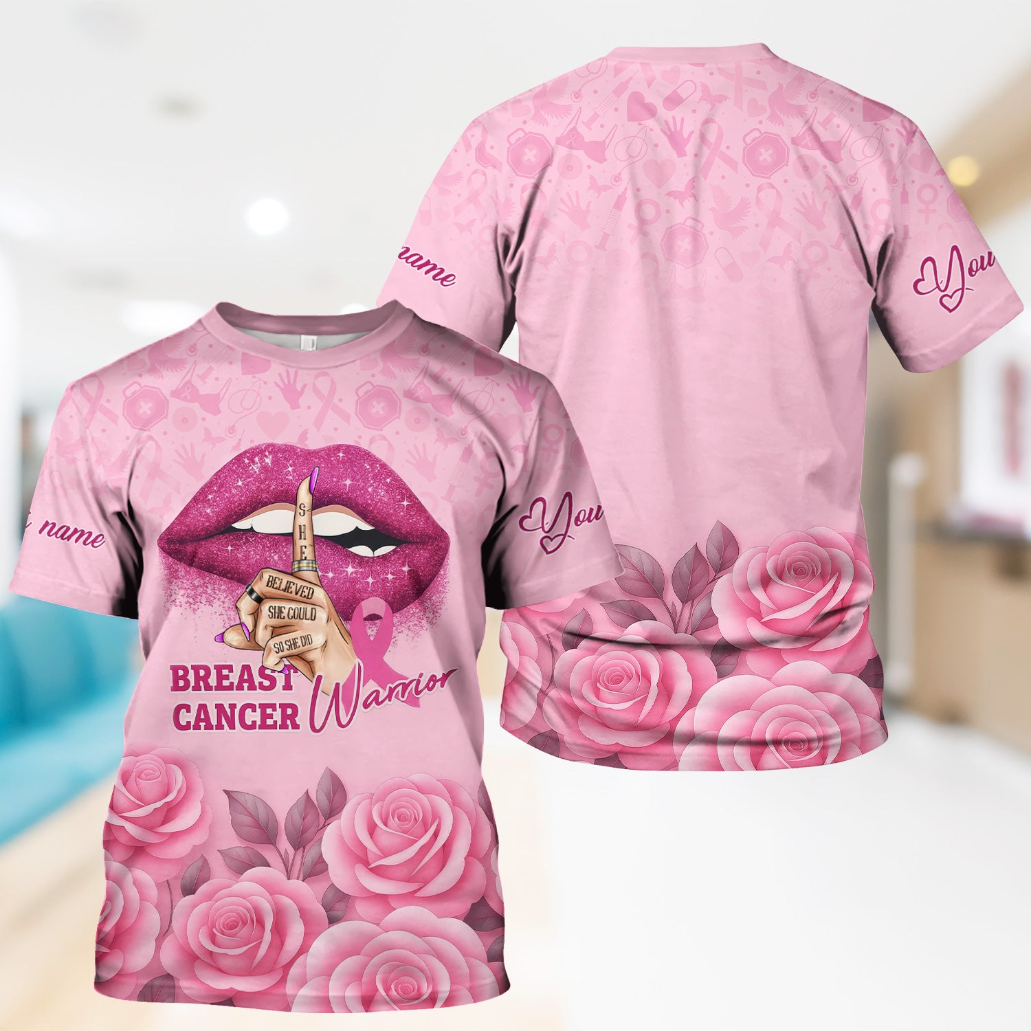 Custom Breast Cancer Awareness Floral Scrub - Pink Ribbon & Rose Pattern Graphic - Gift for RN LPN CNA