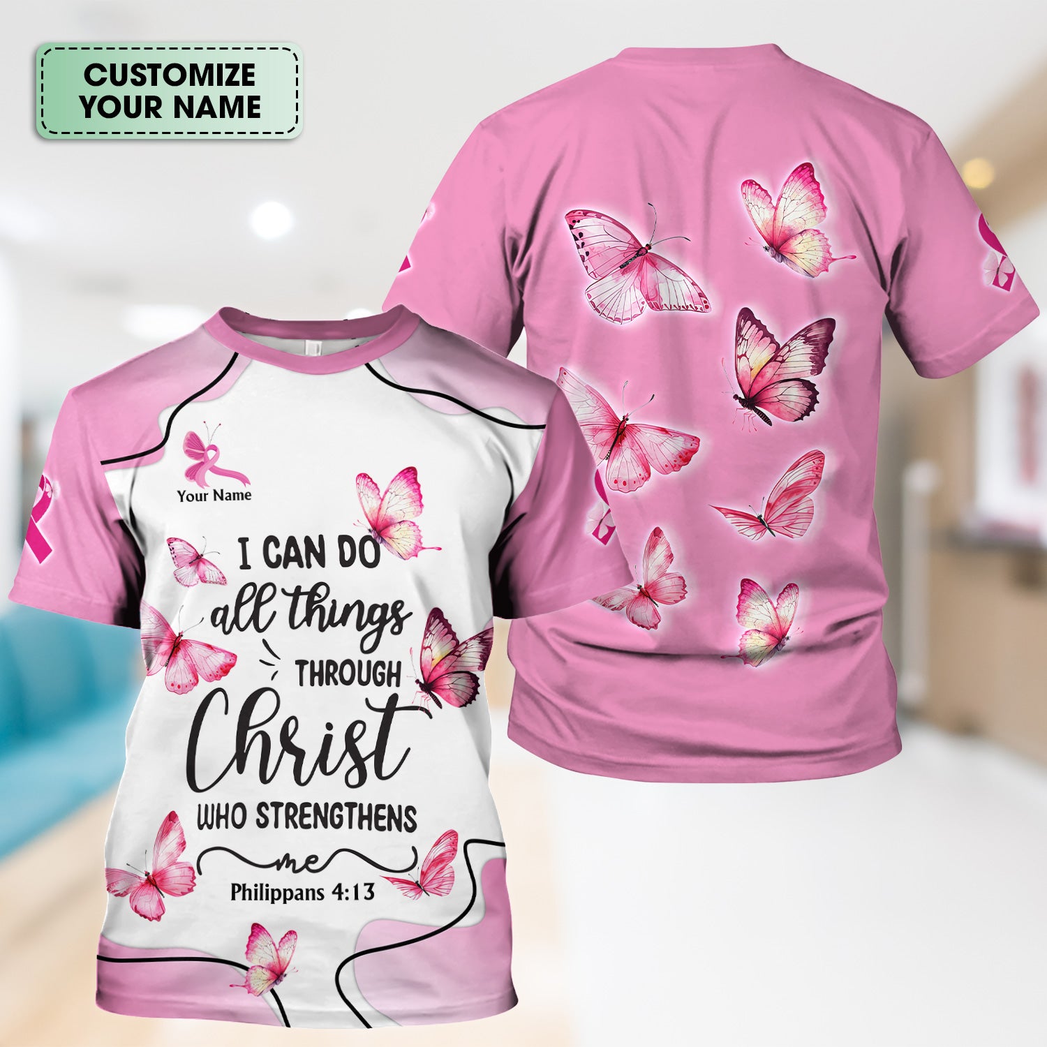Personalized Christian Butterfly Scrub Top for Nurse -  Bible Verse All Things Through Christ - Gift for RN LPN CNA