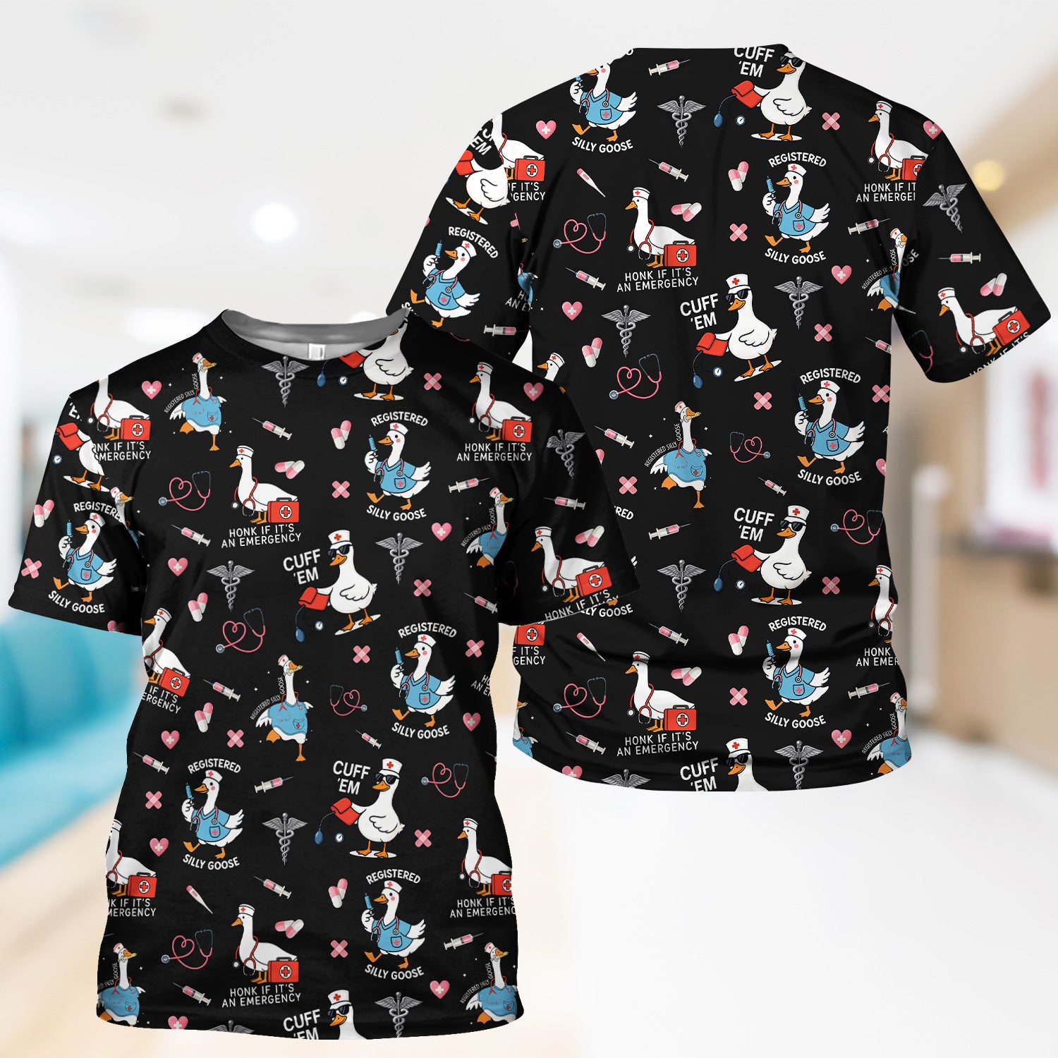 Funny Goose Nurse Scrub Top for Women - Medical Uniform Shirt with Stethoscope & Heart Print - Fun Gift for RN CNA LPN