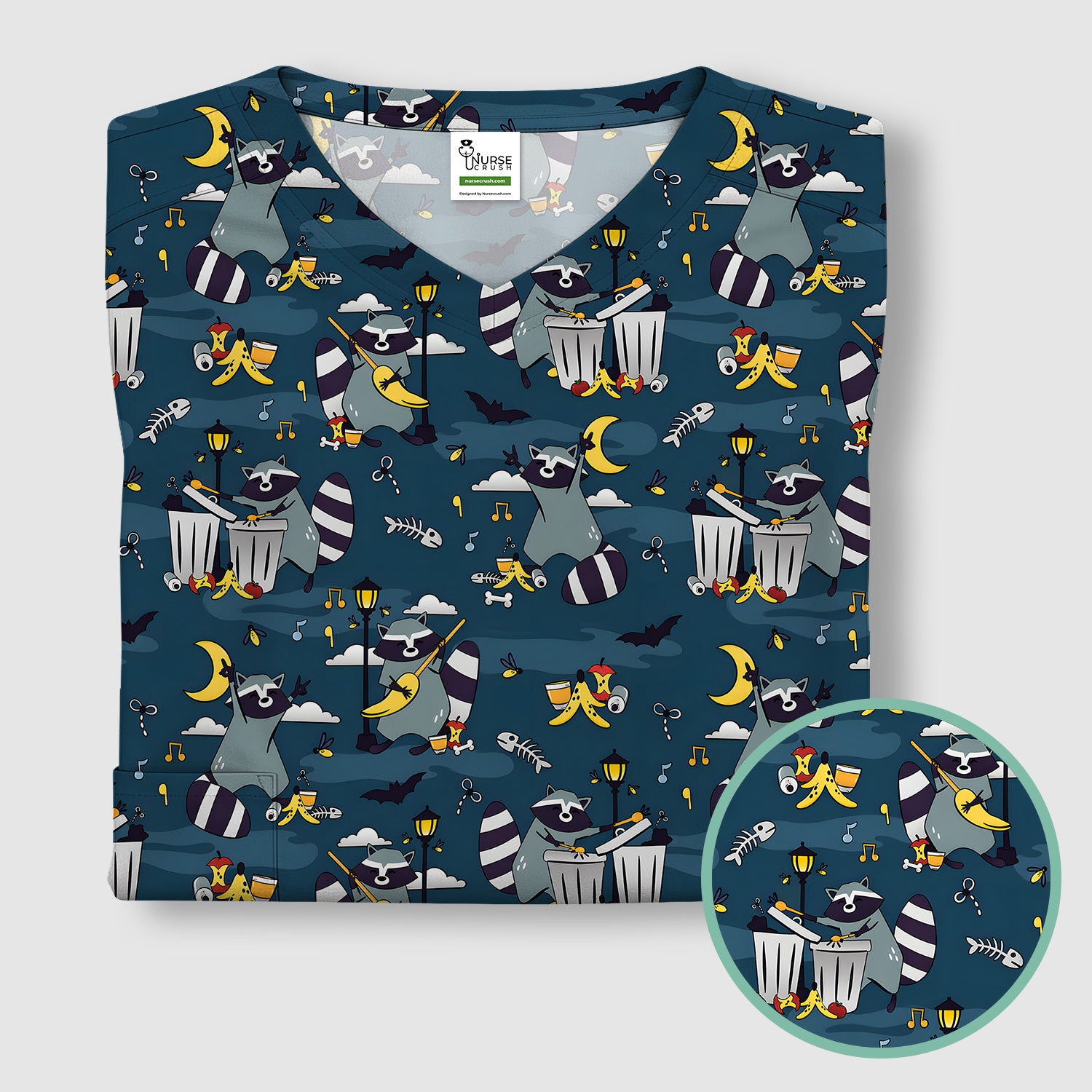 Raccoon Night Trash And Banana Peel Scrub Top, Breathable Fabrics Nursing Uniform
