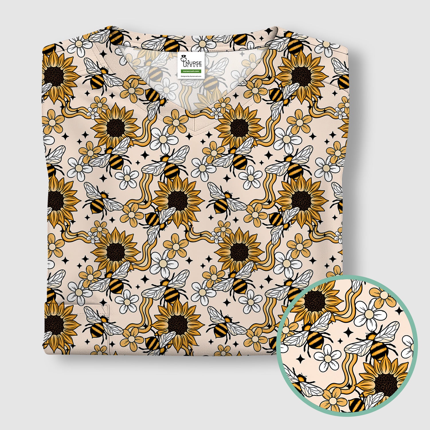 Sunflower And Honey Bee Floral Scrub Top, Breathable Fabrics Nursing Uniform