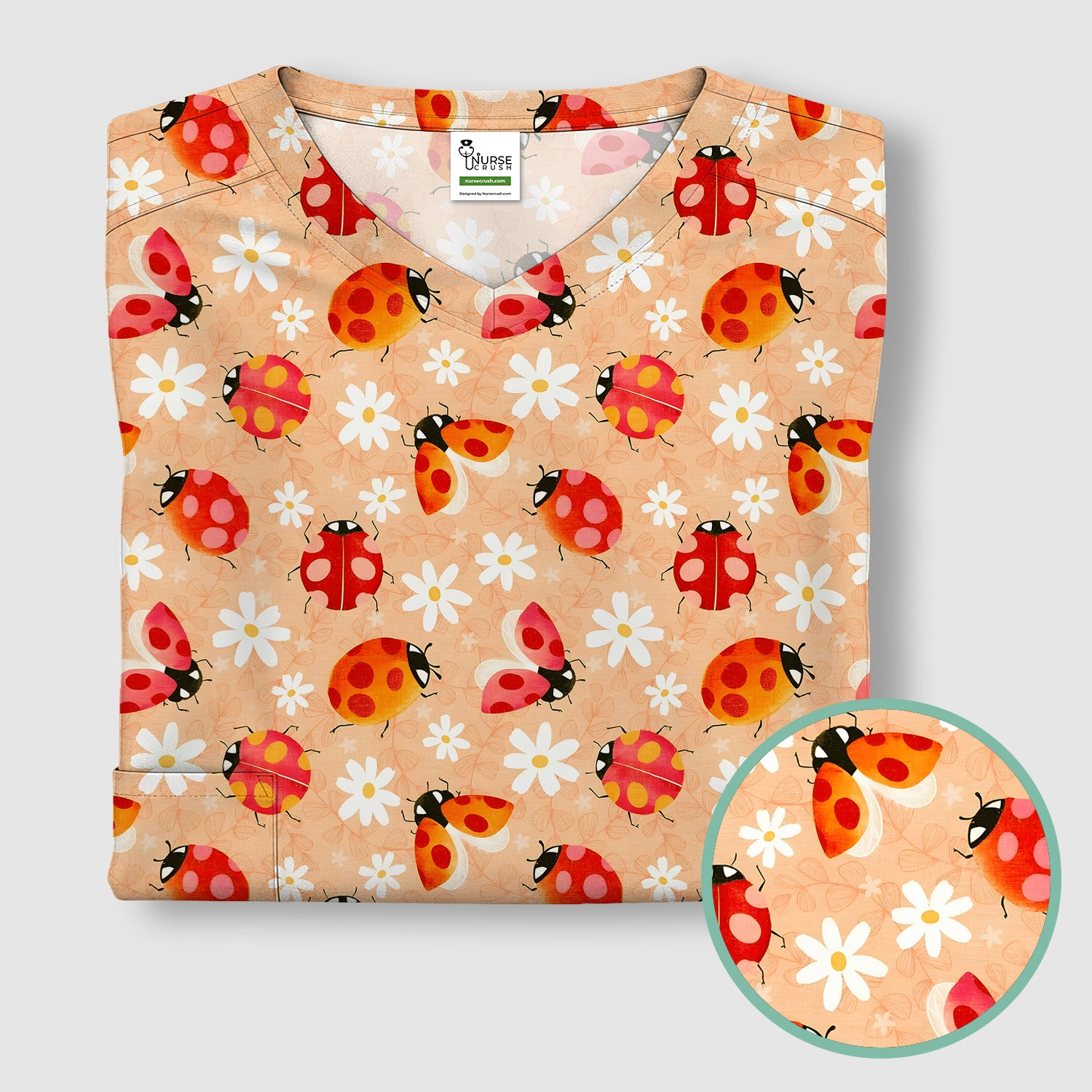 Ladybug Daisy Floral Pattern Scrub Top, Comfortable Scrubs for Nurses