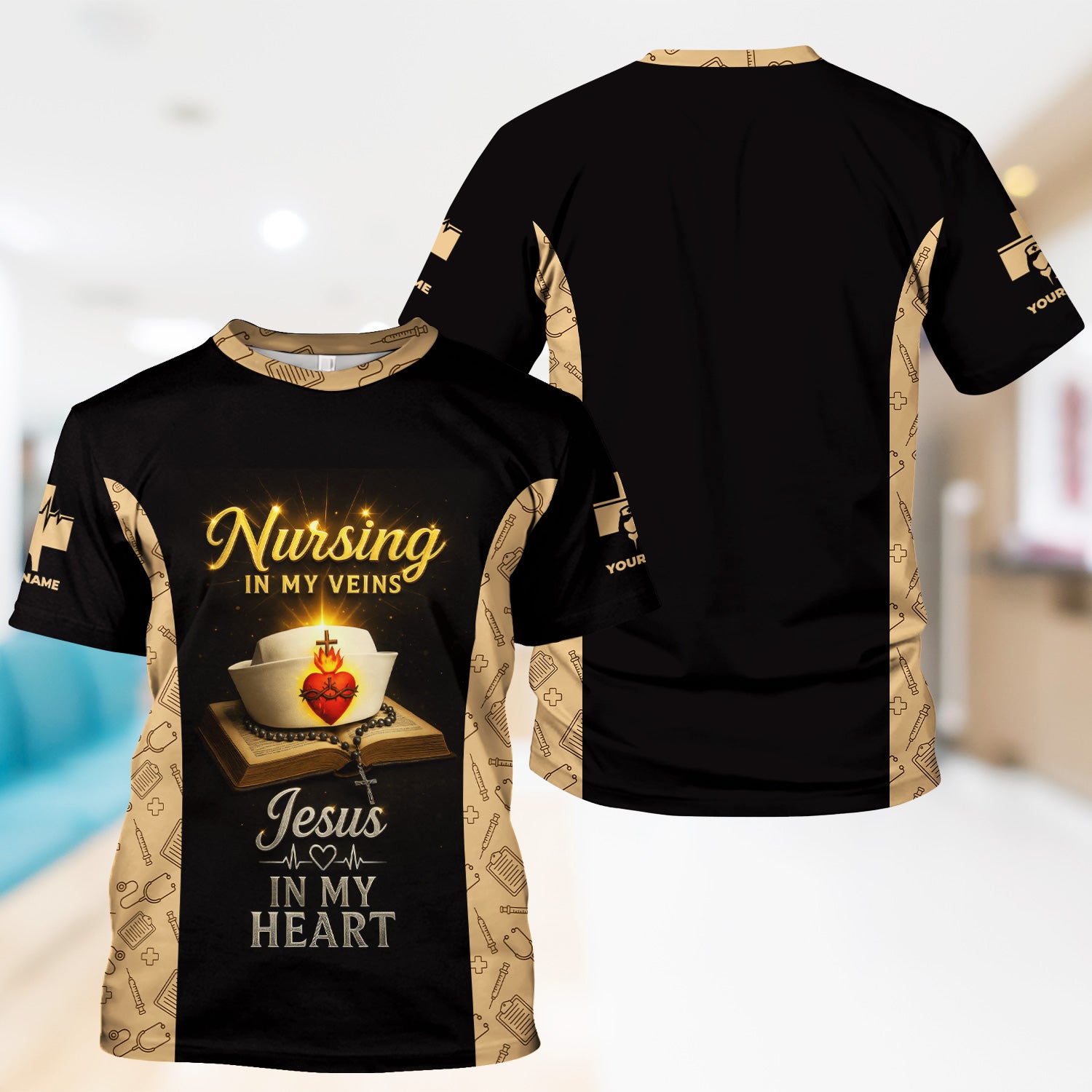 Christian Nurse Scrubs Shirt for Women - Jesus in My Heart Nursing in My Veins - Faith-Based Uniform Top Gift for RN CNA LPN