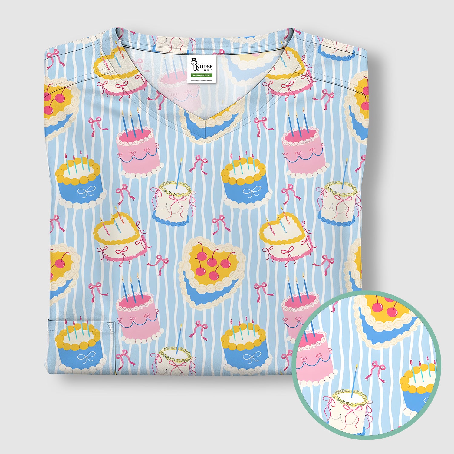 Coquette Cake Bow Stripe Pattern Scrub Top, Nursing Uniform for Women