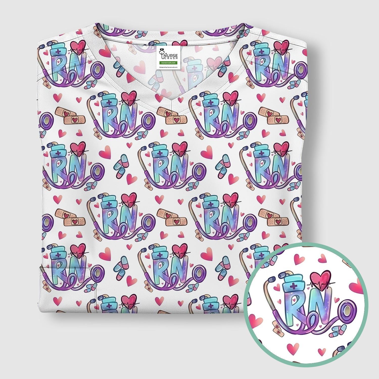 Nurse Life RN Heart Pattern Scrub Top, Breathable Fabrics Nursing Uniform