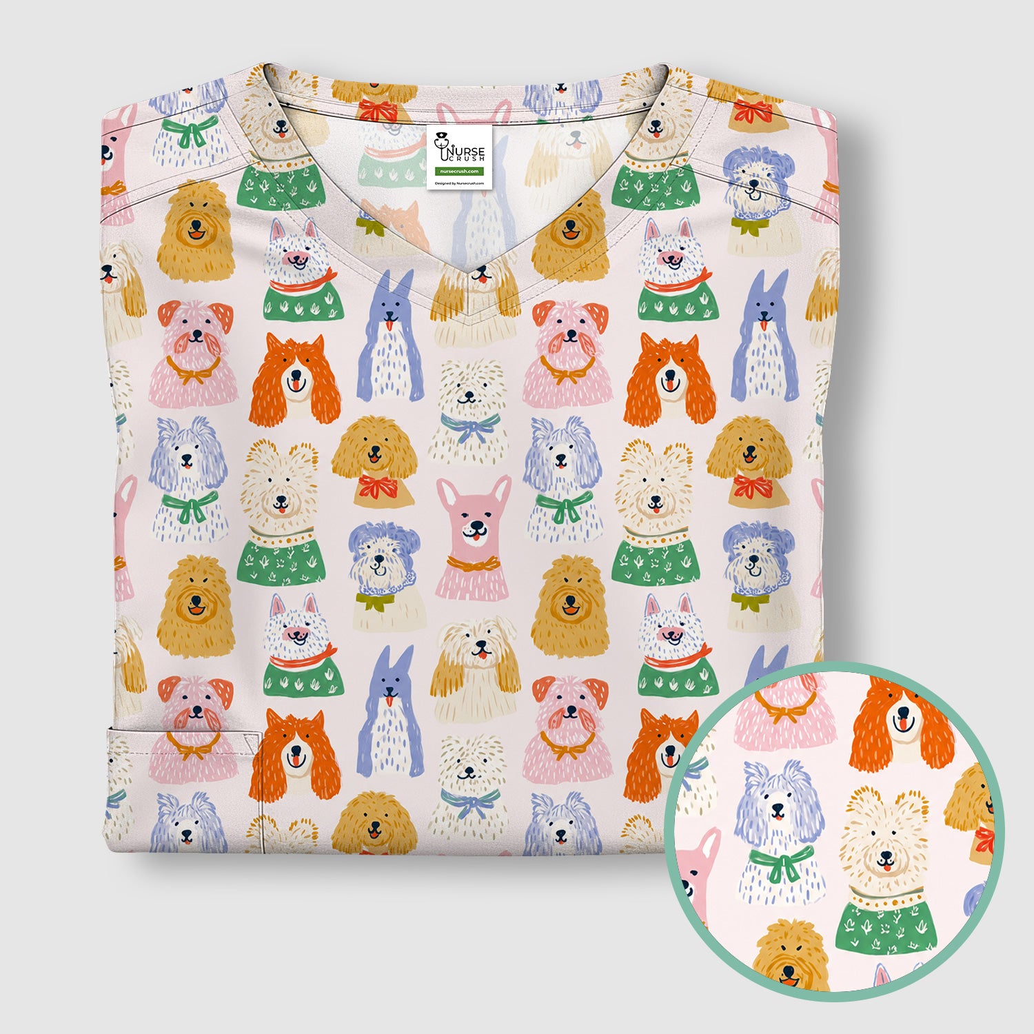 Colorful Dog Faces Cartoon Pattern Scrub Top, Comfortable Scrubs for Nurses