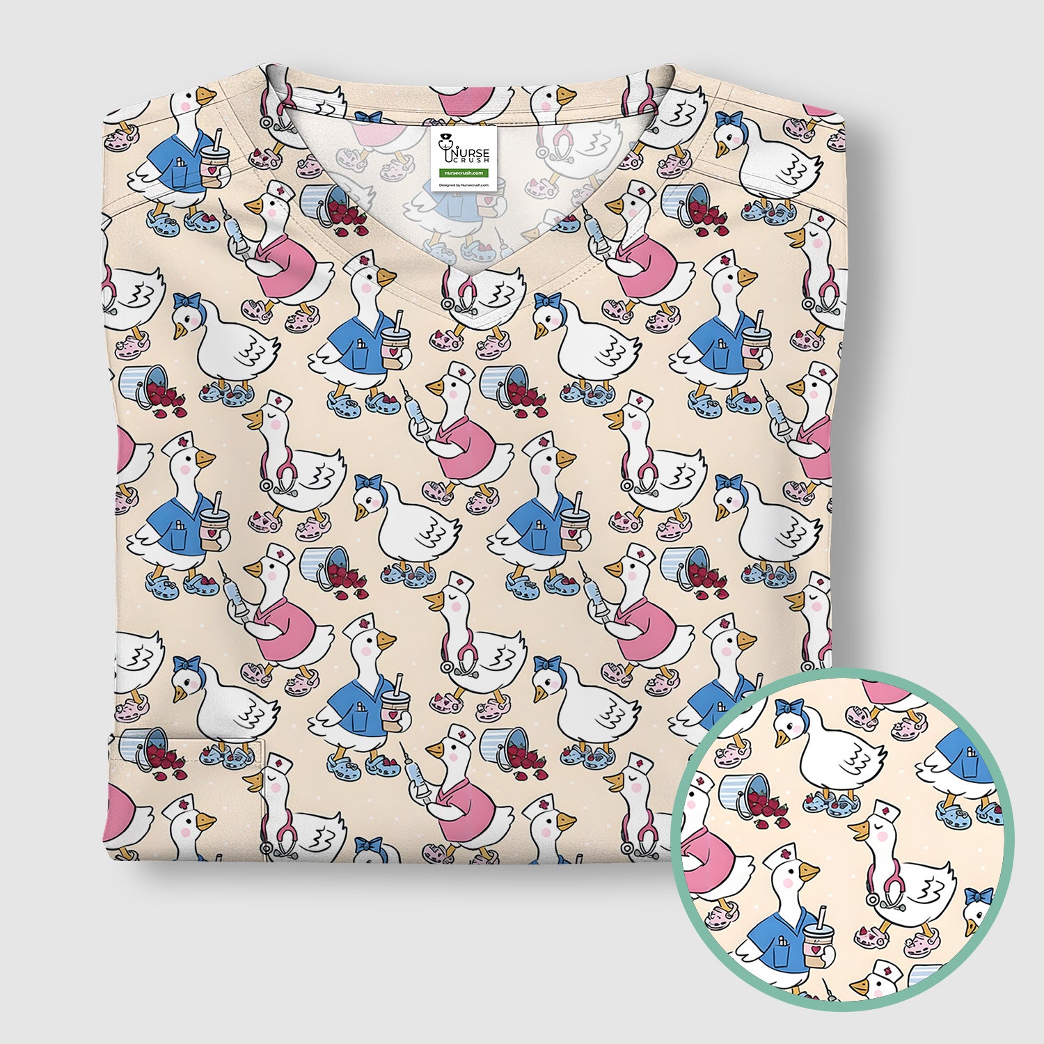 Cute Nurse Goose Cartoon Pattern Scrub Top, Comfortable Scrubs for Nurses