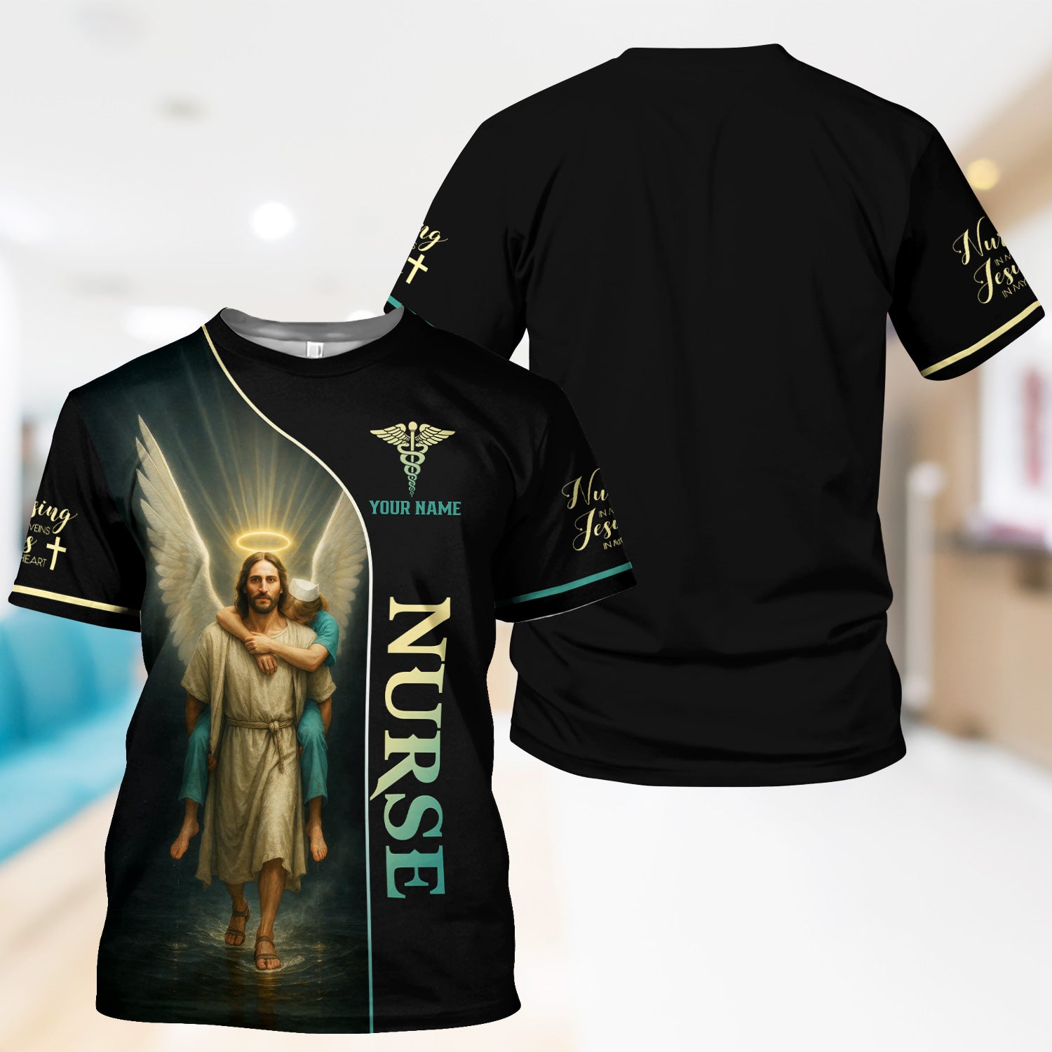Christian Nurse T-Shirt - Personalized Jesus Angel Wings Graphic - Religious Gift for RN LPN Healthcare Workers