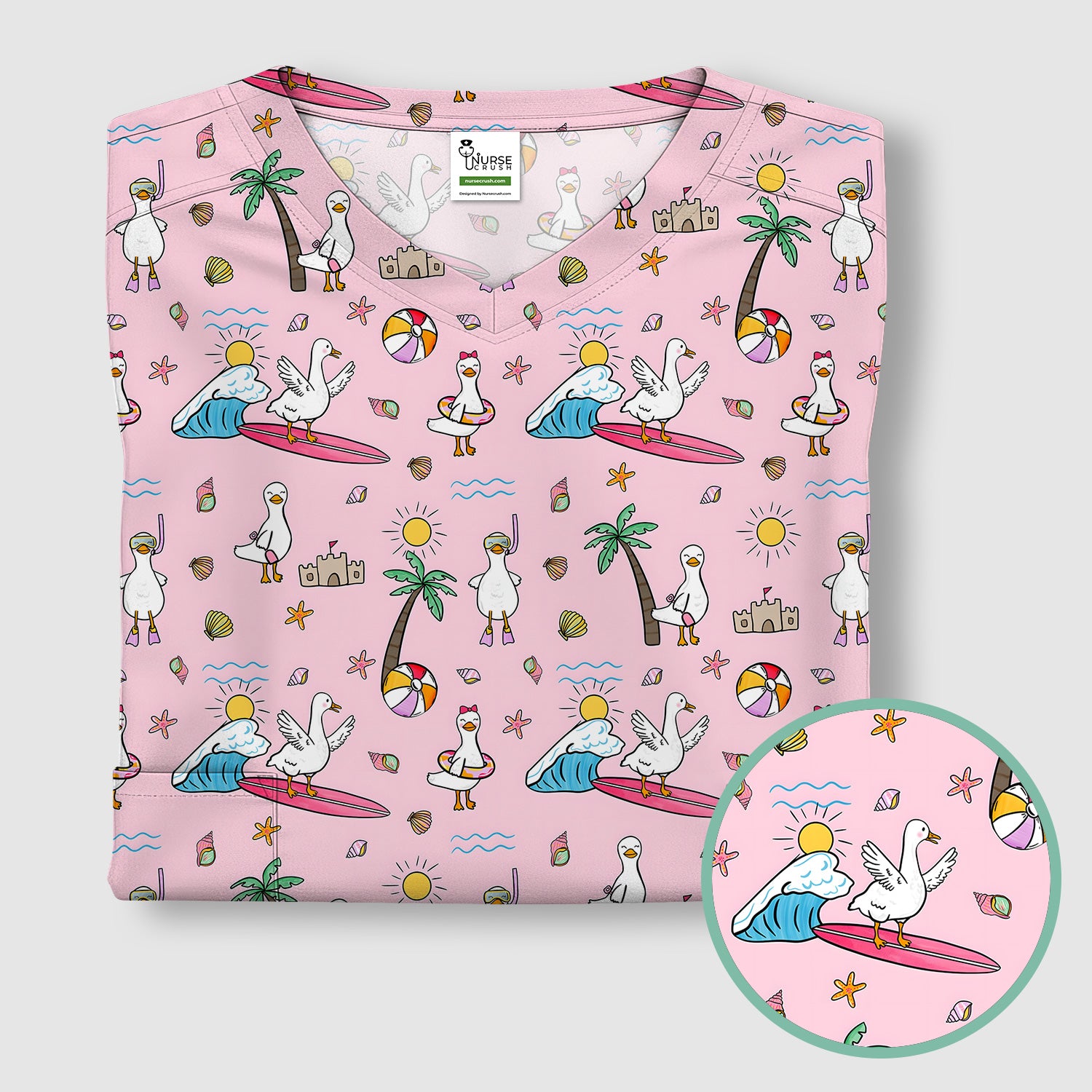 Cute Nurse Seagull Surfboard Beach Palm Tree Pattern Scrub Top, Comfortable Scrubs for Nurses