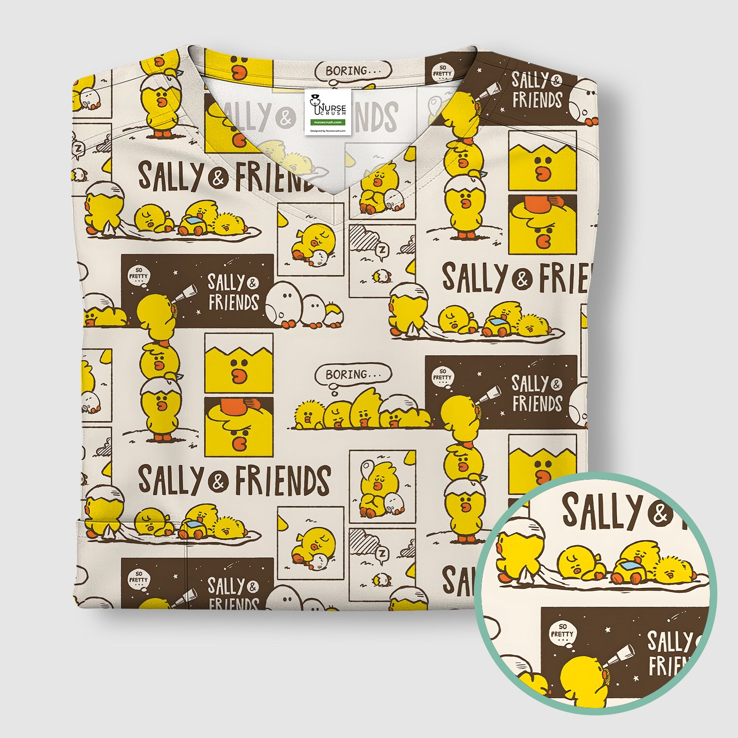 Cute Cartoon Chick Comic Pattern Scrub Top, Comfortable Scrubs for Nurses