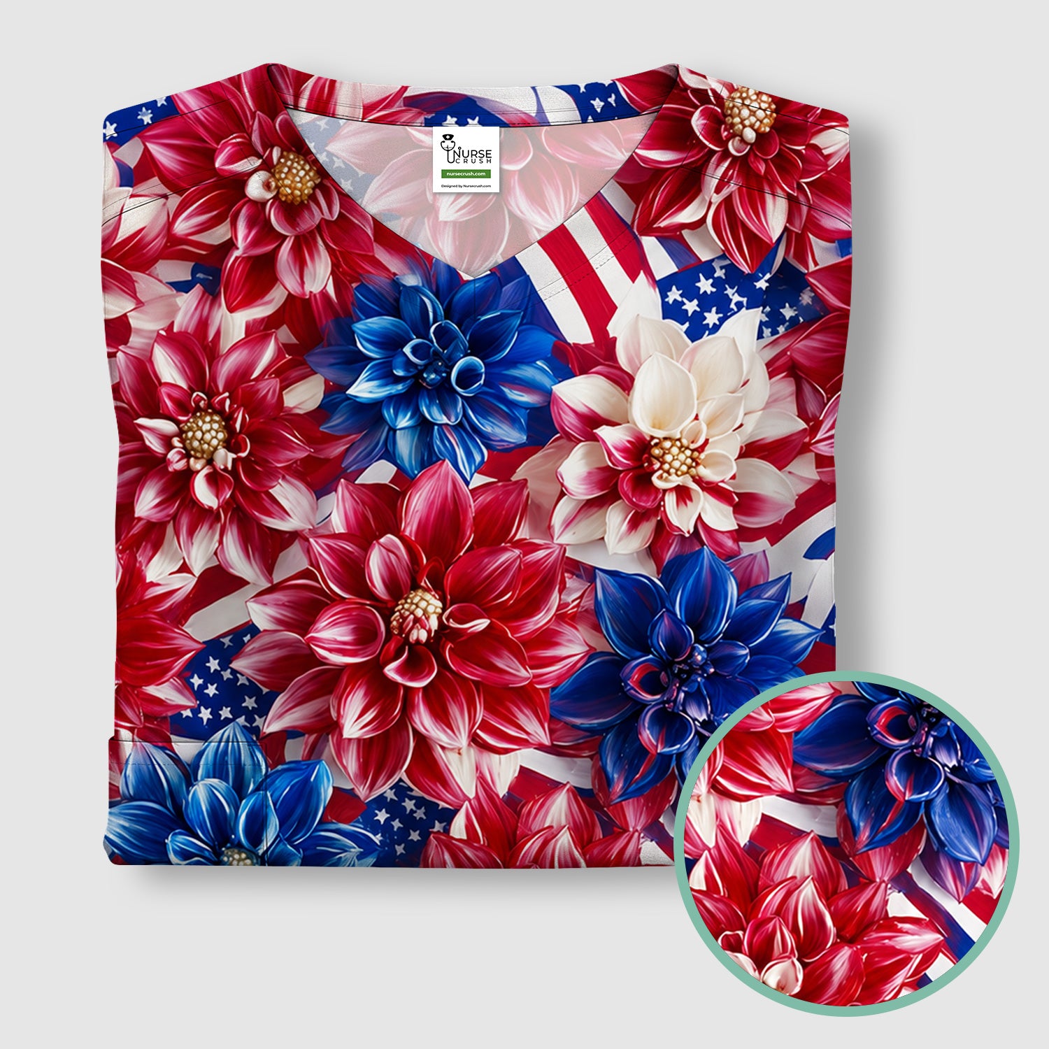 Festive Patriotic Floral Flag Pattern Scrub Top, Comfortable Scrubs for Nurses