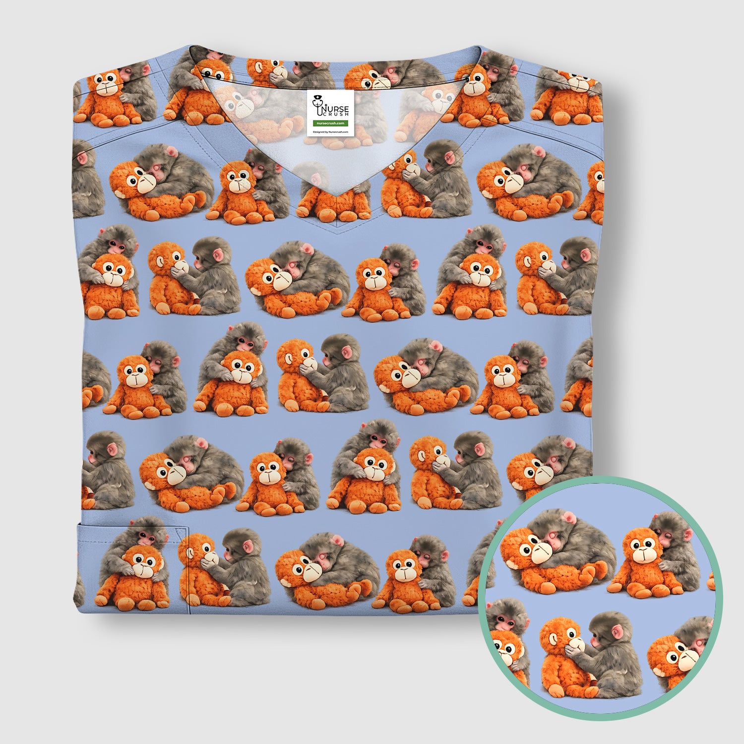 Cute Baby Monkey Plush Toy Animal Pattern Scrub Top, Breathable Medical Uniform Top
