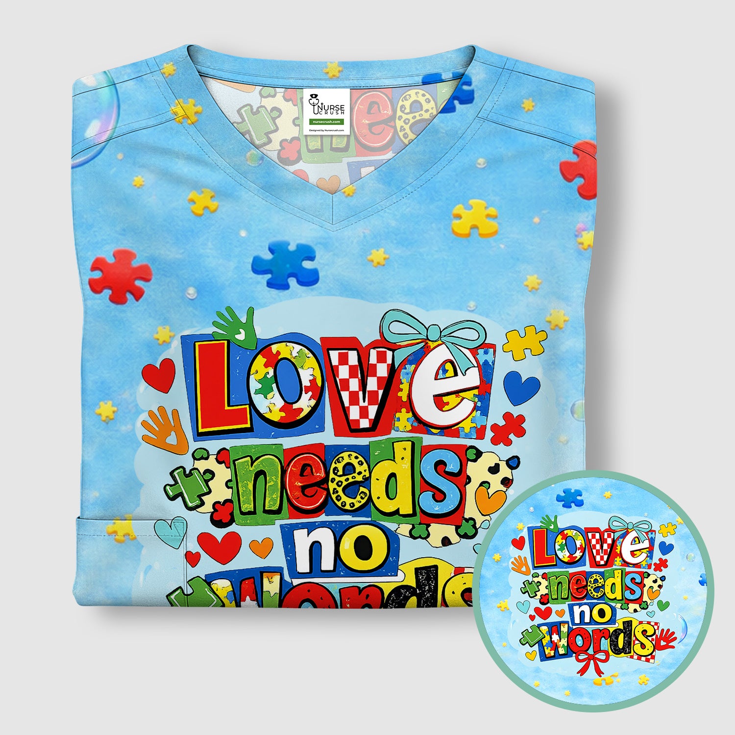 Autism Awareness Nurse Puzzle Love Needs No Words Pattern Scrub Top, Comfortable Scrubs for Nurses