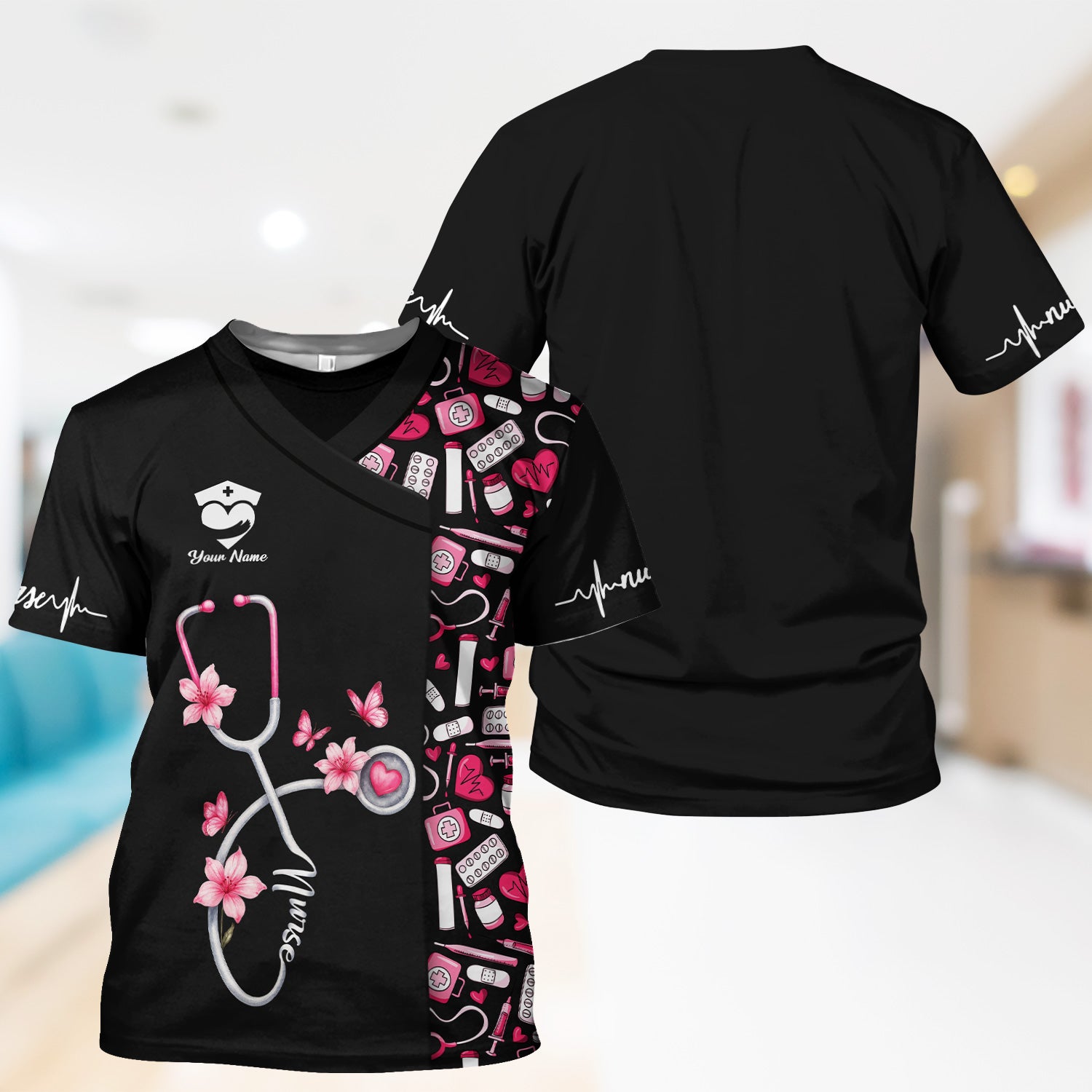 Custom Cute Floral Nurse Scrub Top for Women - Medical Uniform with Stethoscope Design - Comfortable Workwear for RN, CNA, LPN, Medical Staff