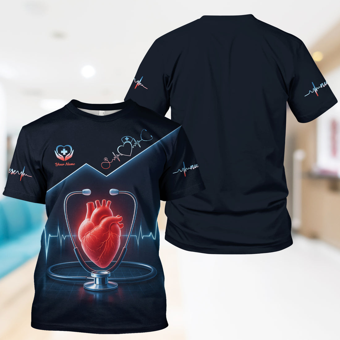 Personalized Nurse Shirt for RN LPN CNA - Heart Anatomy with EKG Line Design - Gift for Healthcare Workers & Nursing Staff
