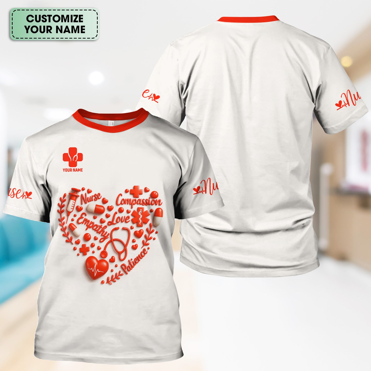 Heart Word Art Nurse Scrub Top - Compassion Empathy Love Design - Gift for RN CNA LPN Women in Healthcare