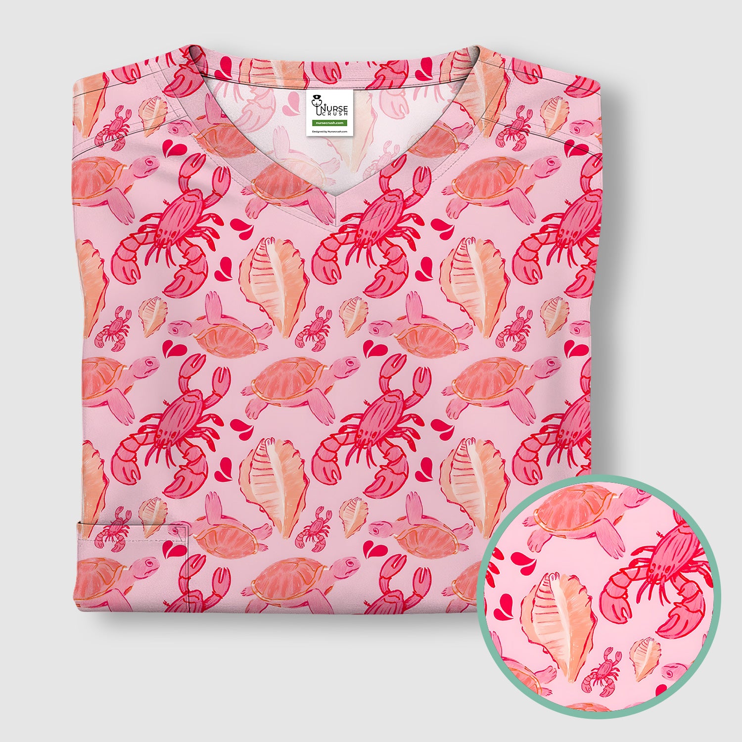 Pink Sea Turtle Lobster Shell Pattern Scrub Top, Coastal Ocean Nursing Uniform for Women
