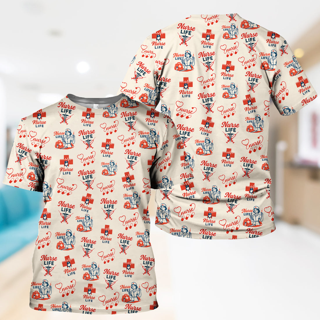 Vintage Nurse Life T-Shirt - All-Over Print Medical Icons Graphic Tee - Medical Gift for RN, LPN, CNA