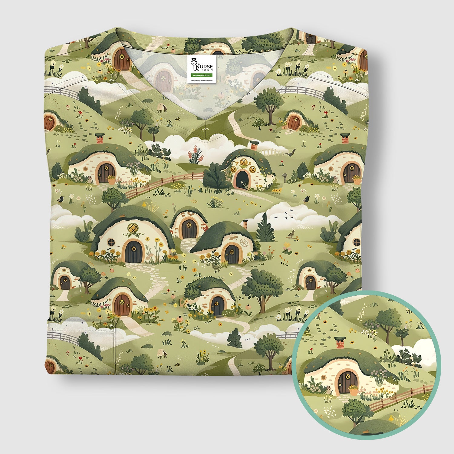 Cozy Hobbit Village Landscape Pattern Scrub Top, Comfortable Scrubs for Nurses