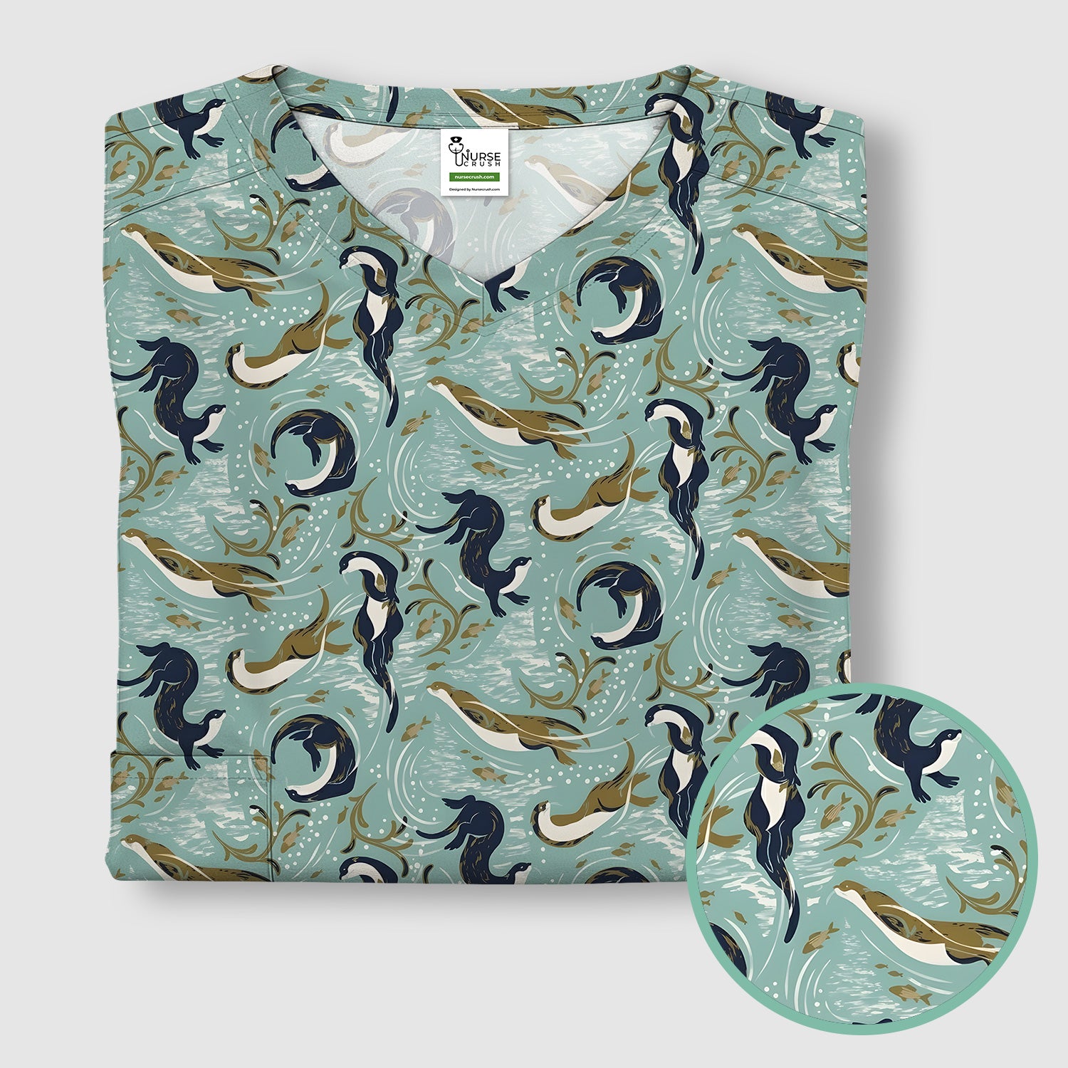 Sea Otter Ocean Wave Coastal Pattern Scrub Top, Comfortable Scrubs for Nurses